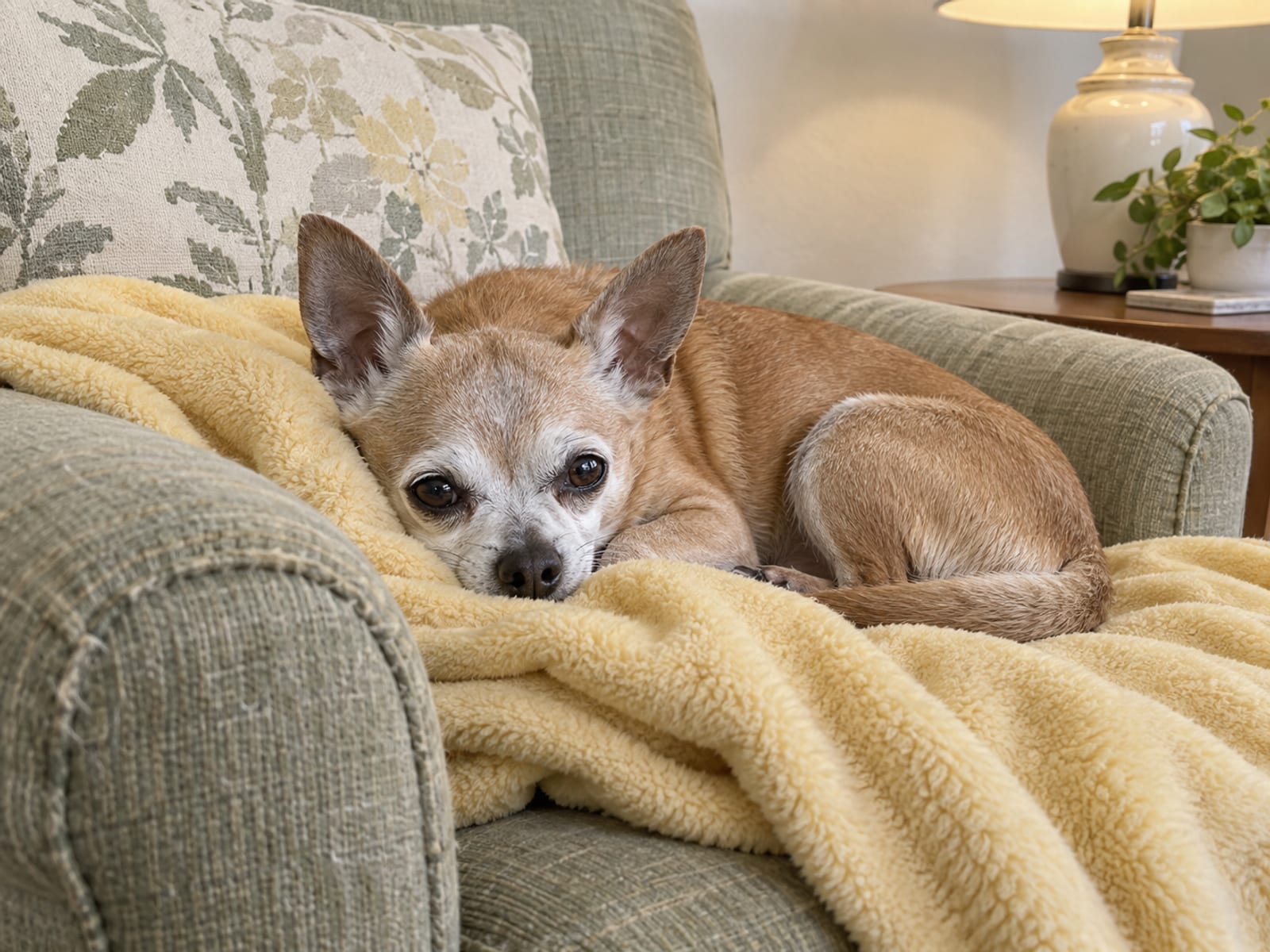 Senior Chihuahua with a white muzzle curled on a fleece blanket in a small armchair