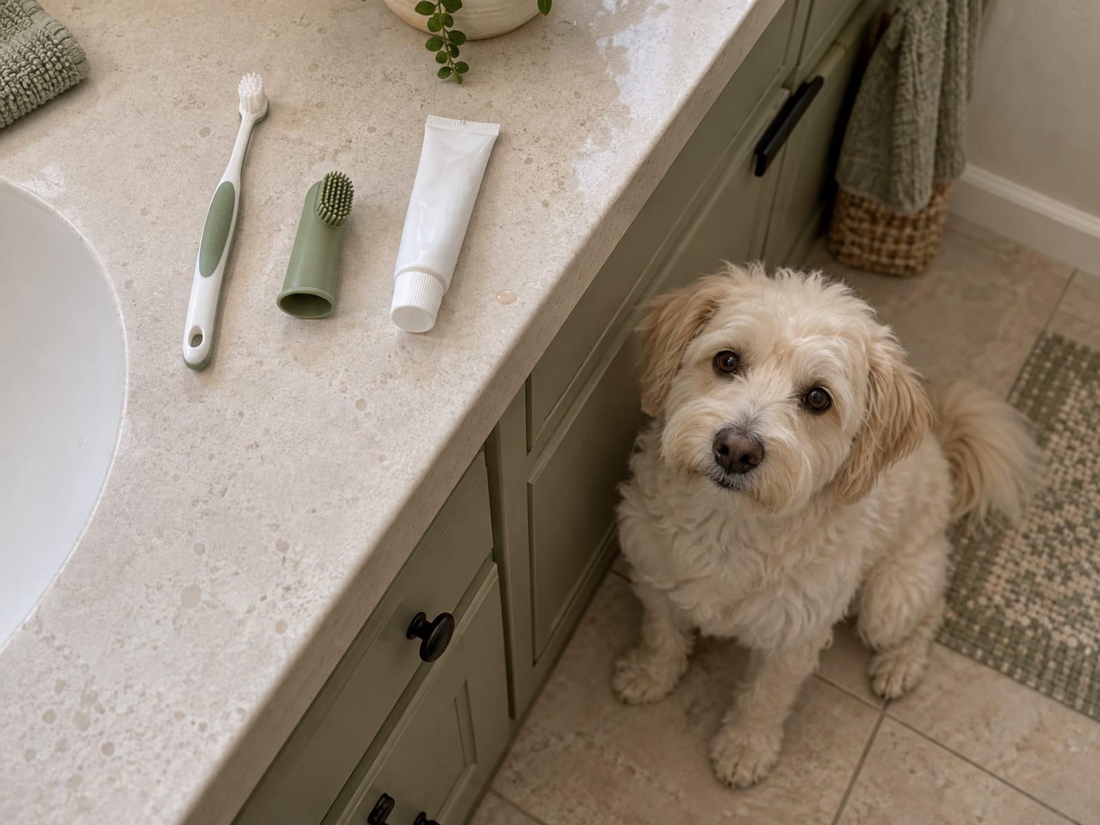 Dog toothbrush, rubber finger brush and a small unlabeled tube of pet toothpaste on a bathroom counter, a dog sitting on the floor below