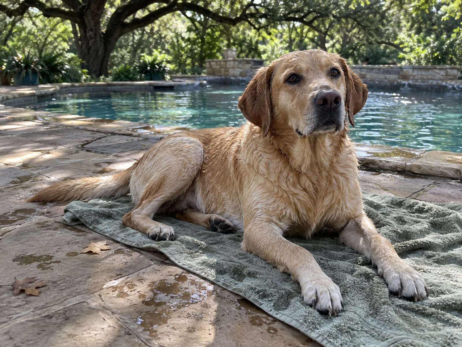 Wet Labrador mix lying on a towel on a backyard patio after a swim, a pool edge and live oak shade behind