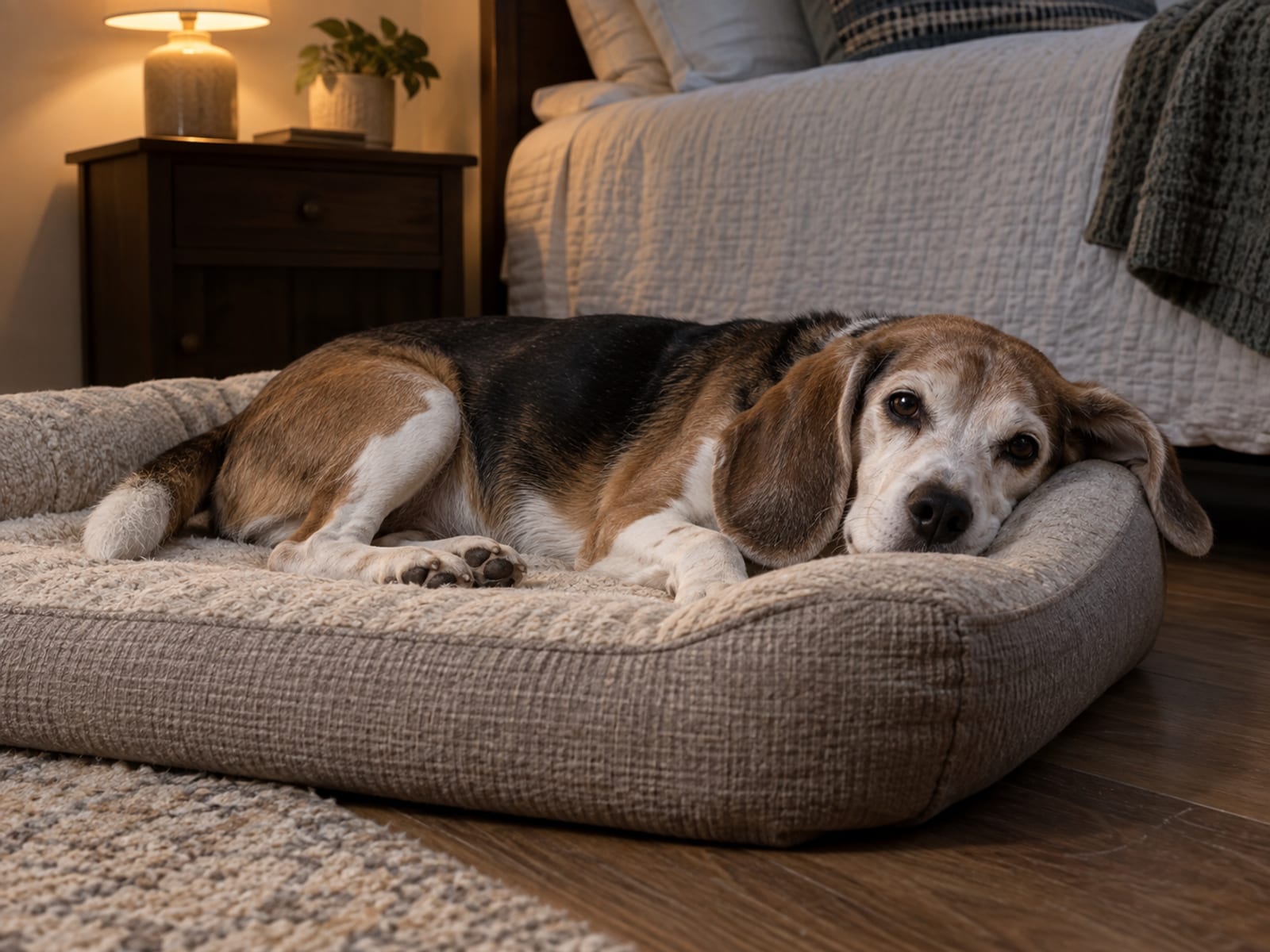 Older beagle mix lying on an orthopedic dog bed in a bedroom, ears relaxed, in soft lamplight