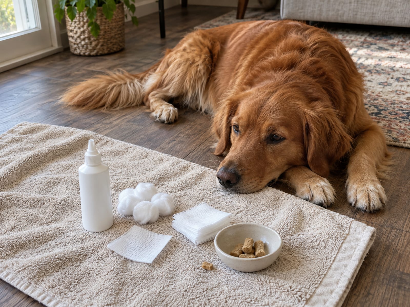 Unlabeled bottle of ear cleaner, cotton balls, gauze squares and a small dish of treats on a towel, a dog lying beside the towel
