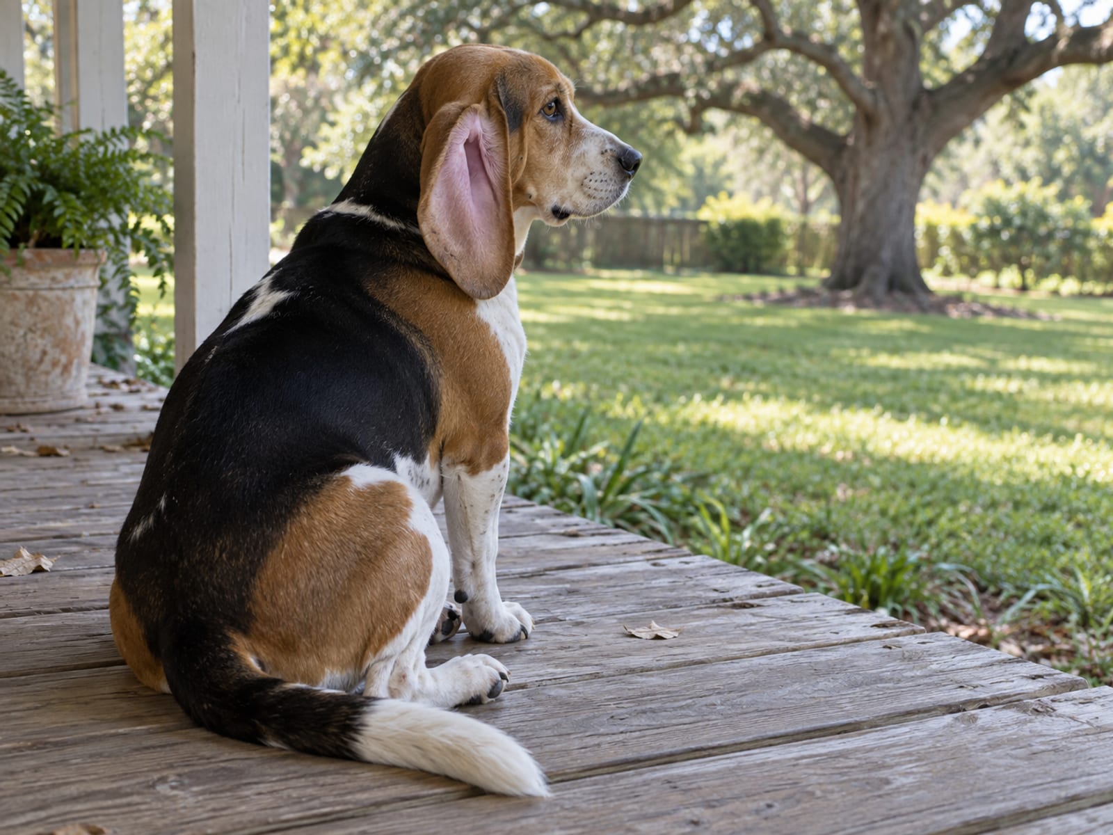 Dog sitting on a porch with one floppy ear flipped inside out, calm and looking toward the yard