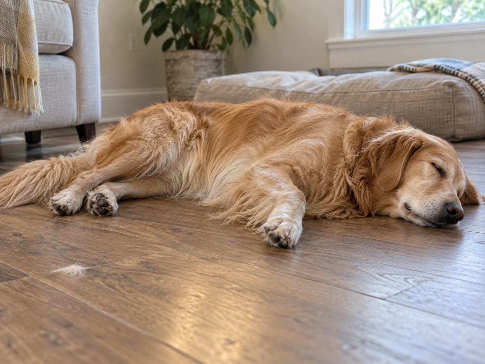 Golden retriever lying on its side asleep on a wood-look floor, chest rounded mid-breath, in window light