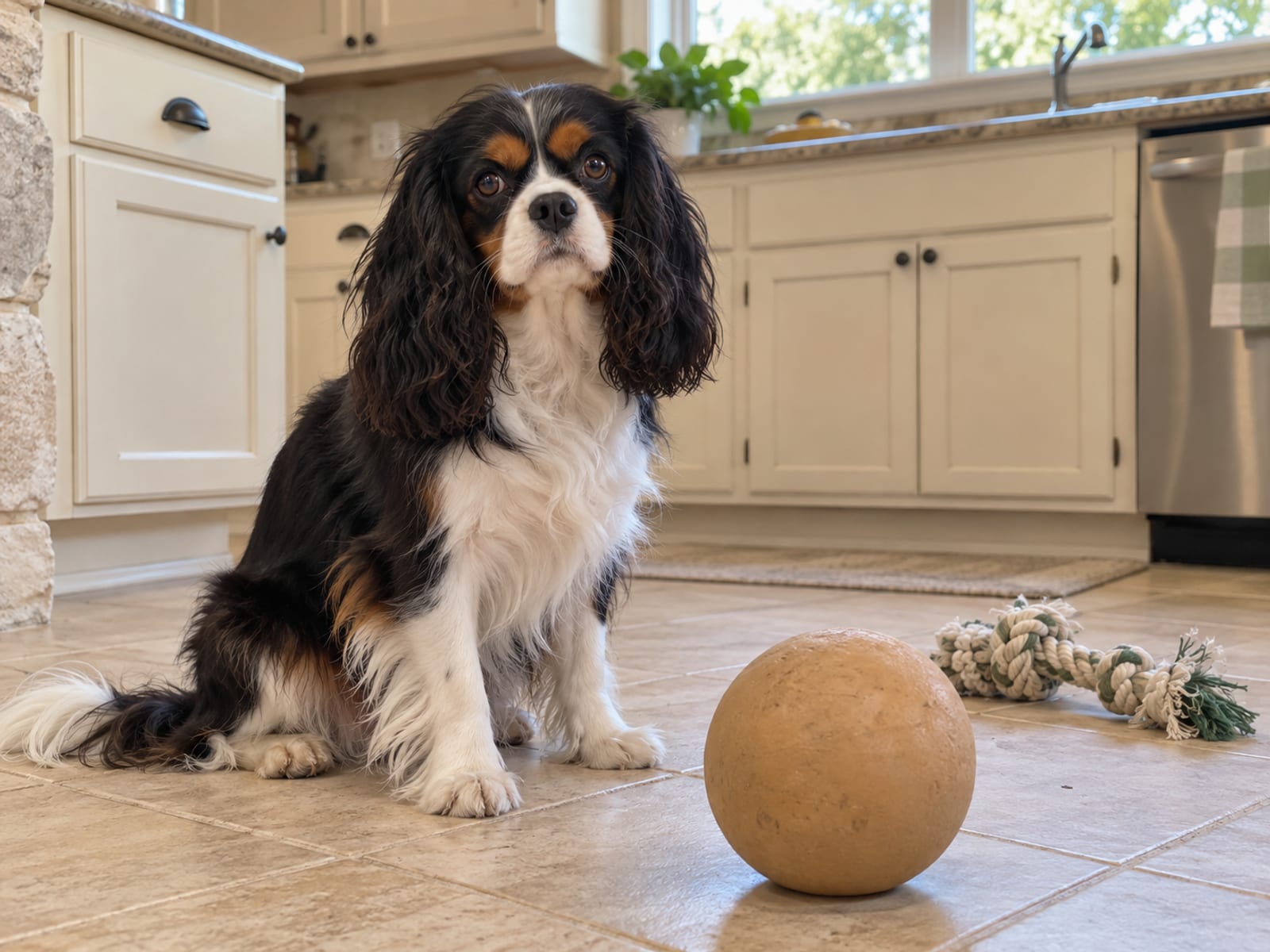 Tricolor Cavalier King Charles spaniel sitting on a kitchen tile floor next to a large plain rubber ball and a rope toy