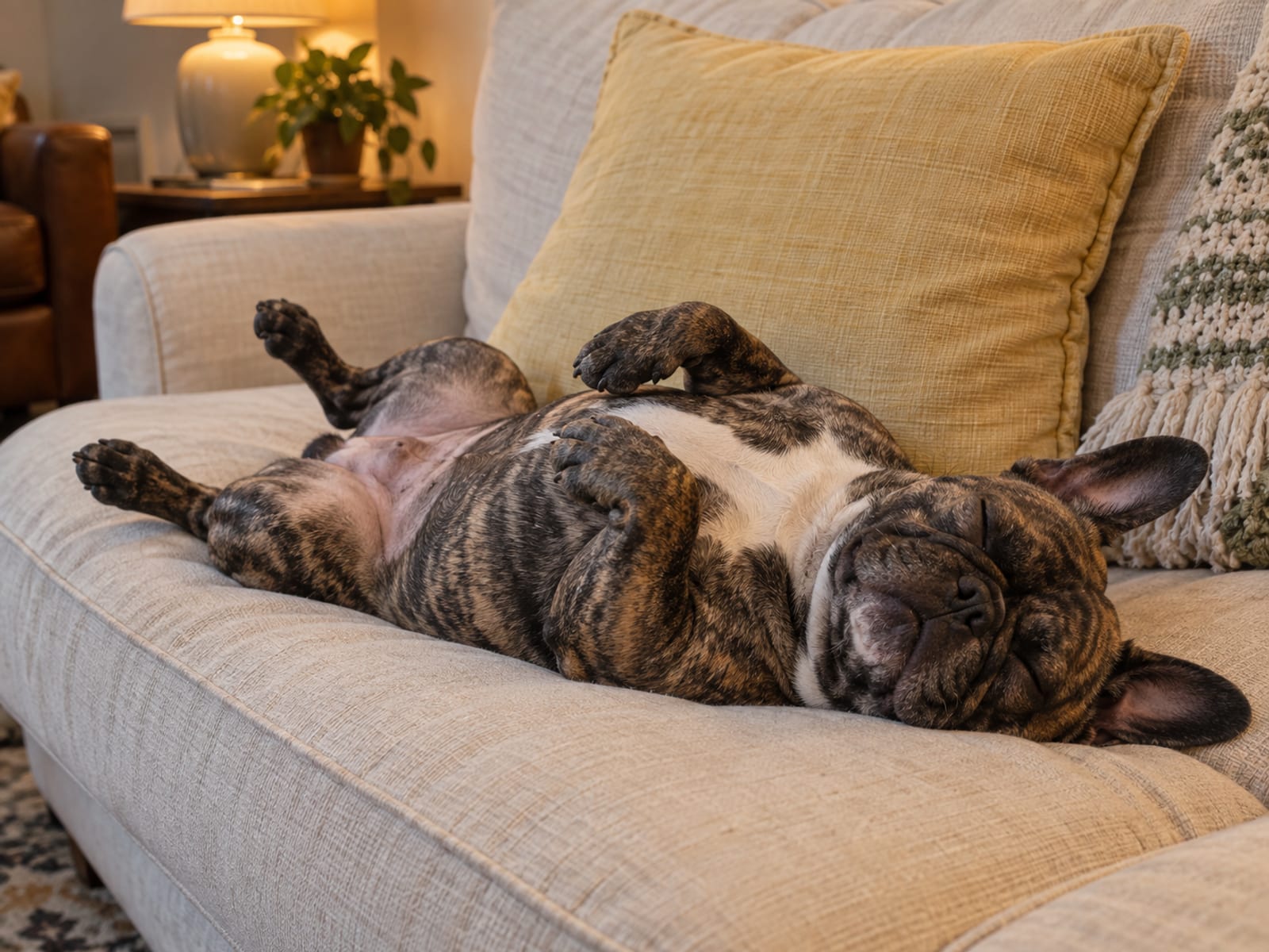 Brindle French bulldog asleep on its back on a soft sofa cushion, broad chest facing up, in warm lamplight