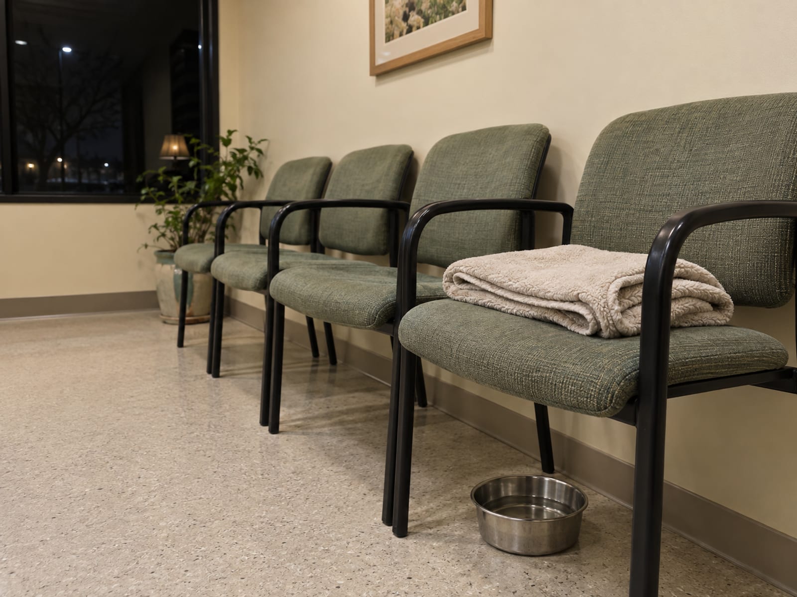 Quiet emergency vet waiting area at night with a row of empty chairs, a folded dog blanket on one seat and a water bowl on the floor