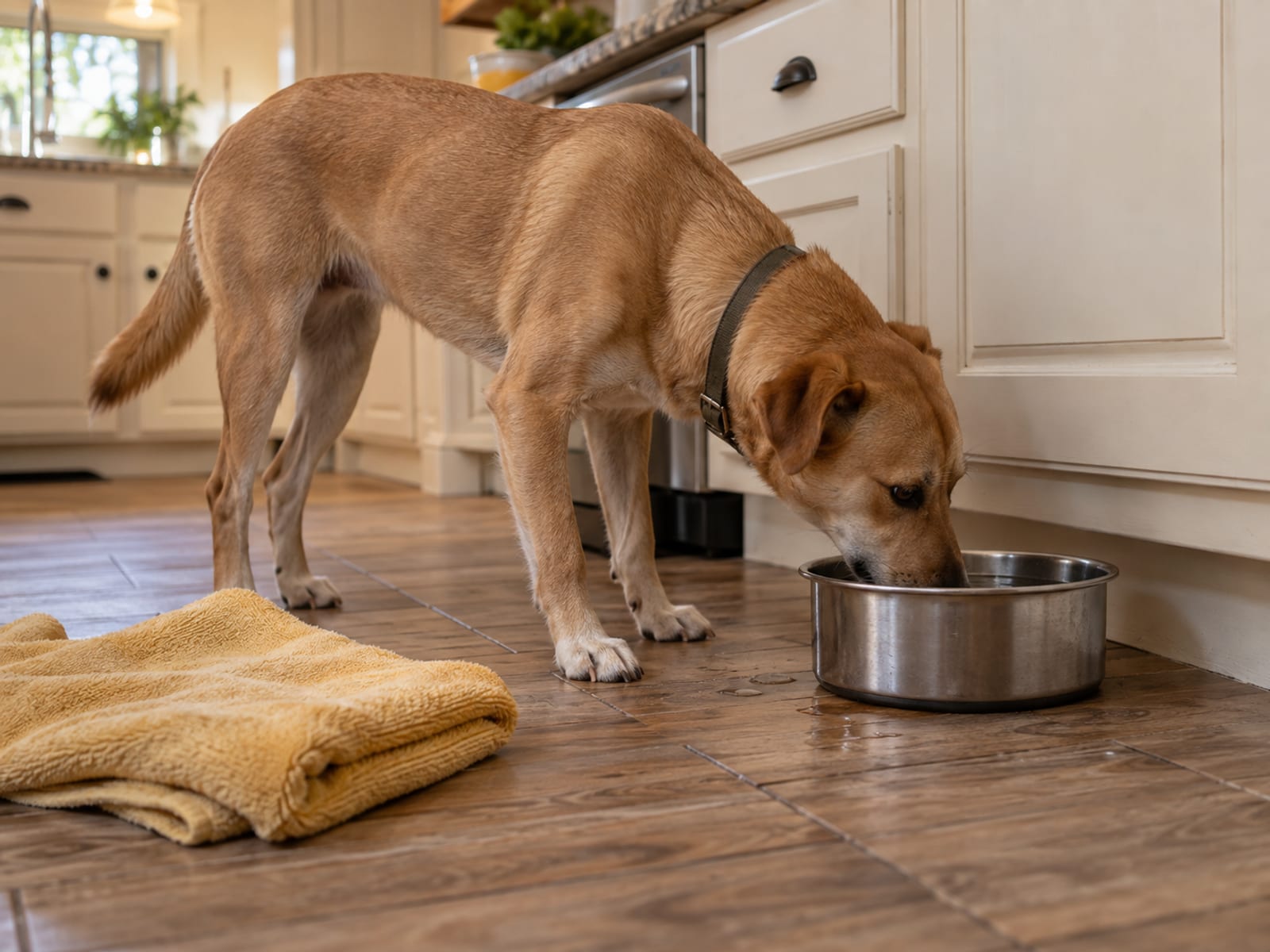 Tan mixed-breed dog drinking from a steel water bowl on a kitchen floor, a folded towel lying beside it