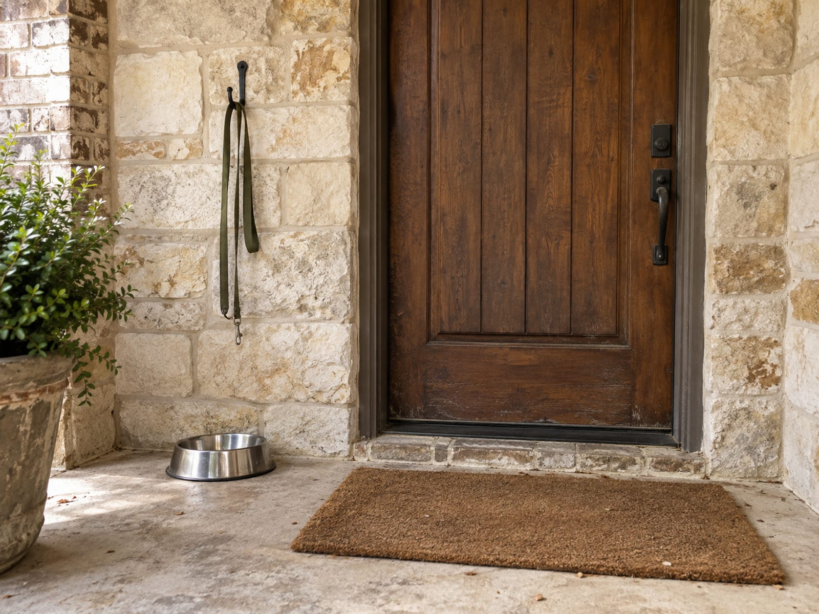 Front porch with a steel dog bowl on the floor, a leash hanging from a wall hook and a closed front door