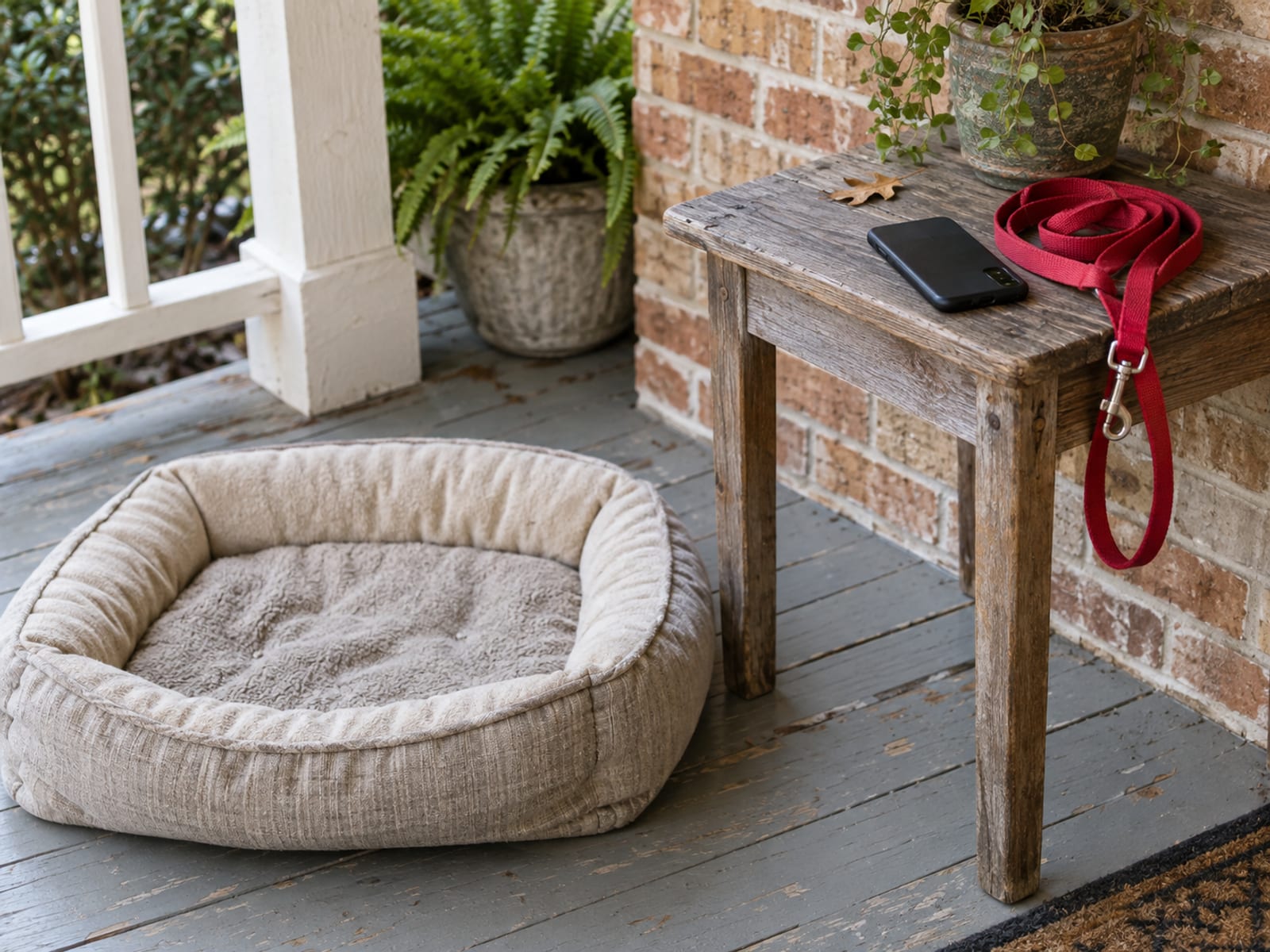 Phone lying face down beside a coiled leash on a wooden porch table, an empty dog bed on the porch floor