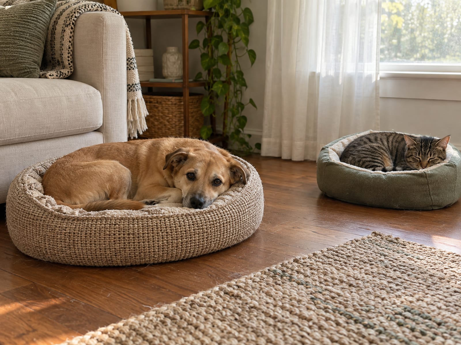 Dog lying on a round dog bed and a tabby cat curled on its own small bed across a sunny living room