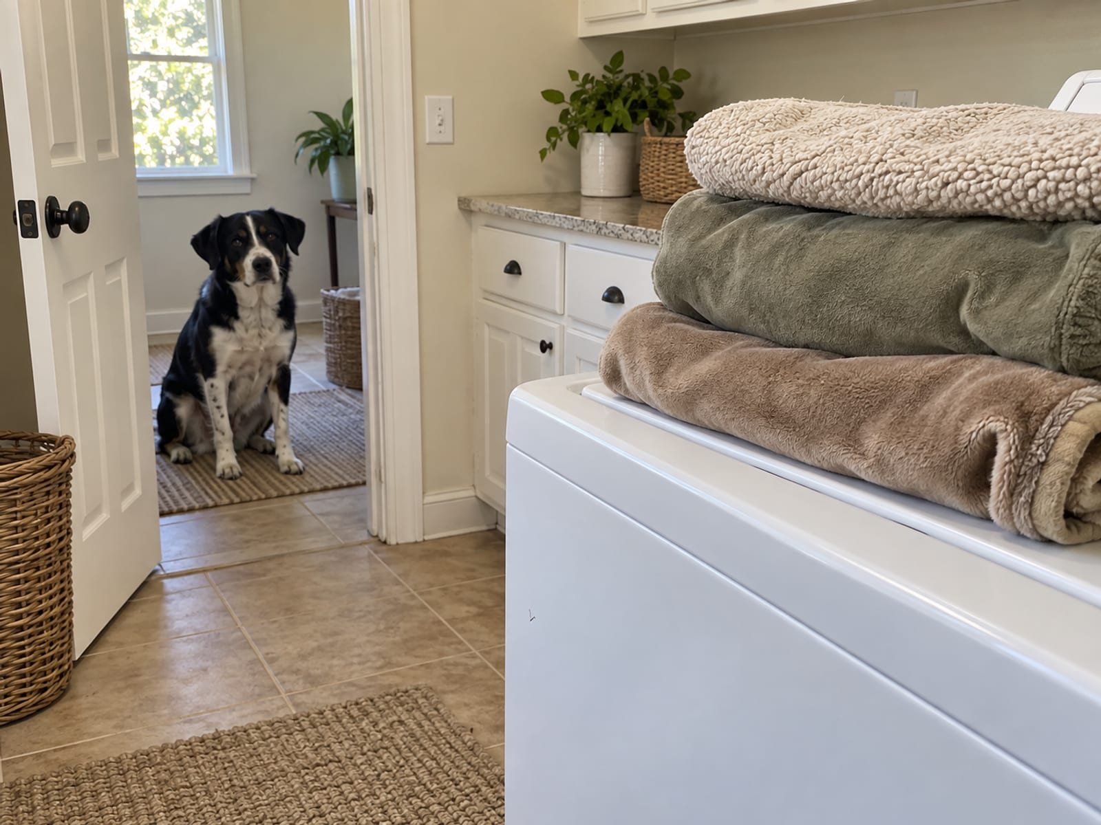 Stack of folded dog blankets and a bed cover on top of a white washing machine, a dog sitting in the laundry room doorway