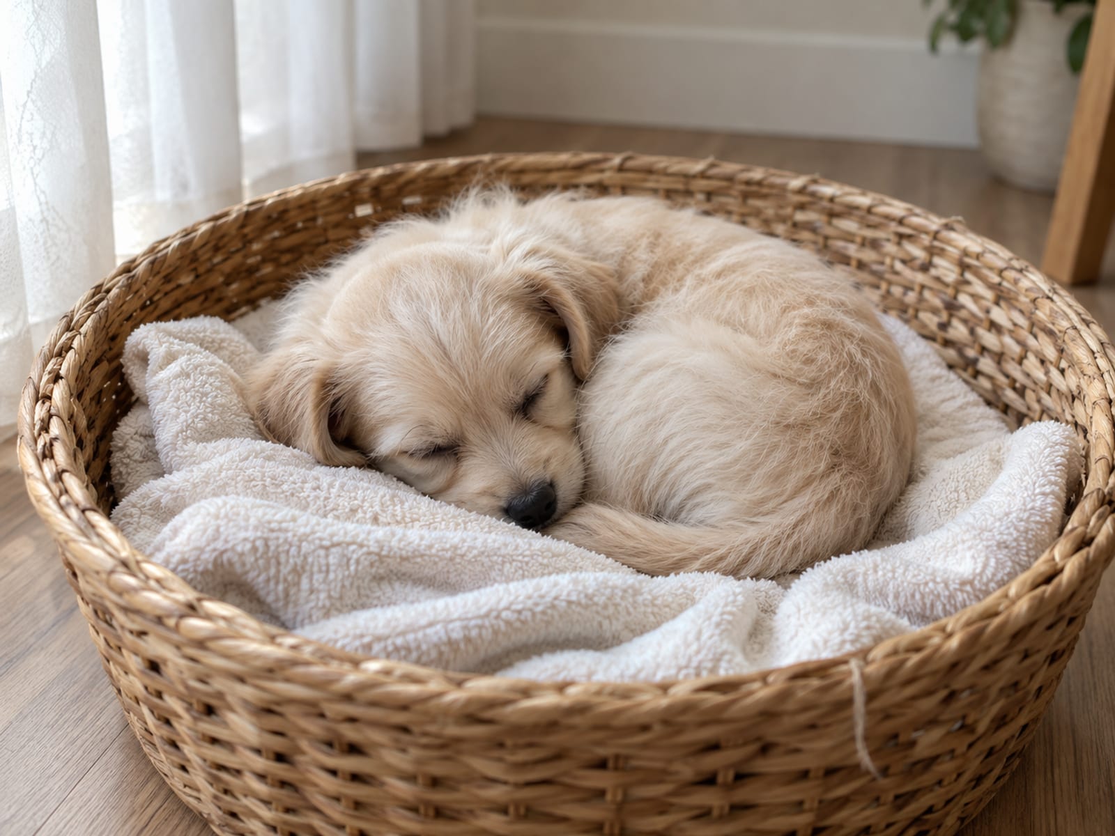 Small cream-colored puppy asleep on a soft folded towel inside a woven basket in a quiet room