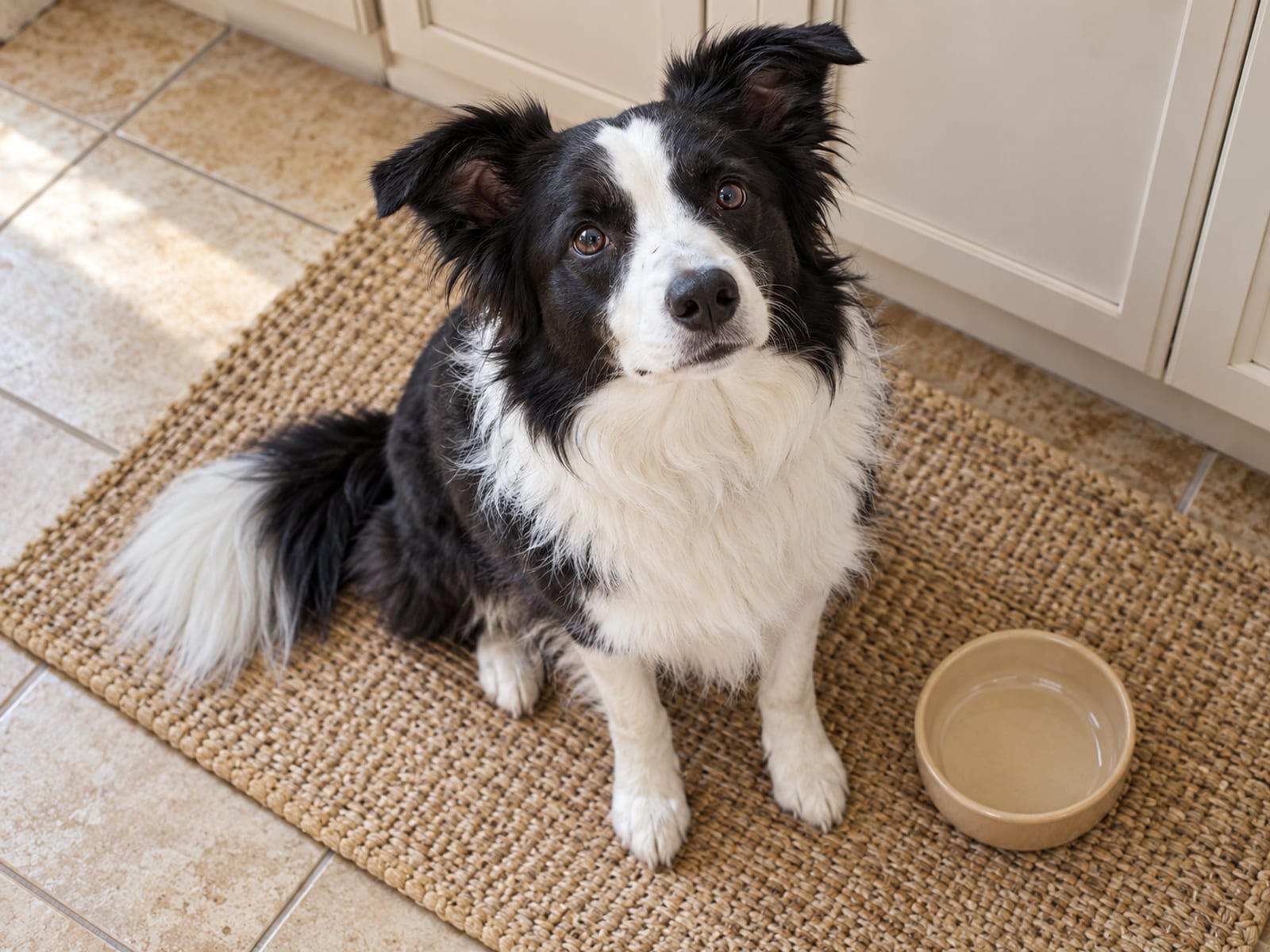 Black and white Border collie sitting on a kitchen mat and looking up toward the camera, a plain treat bowl on the floor beside it
