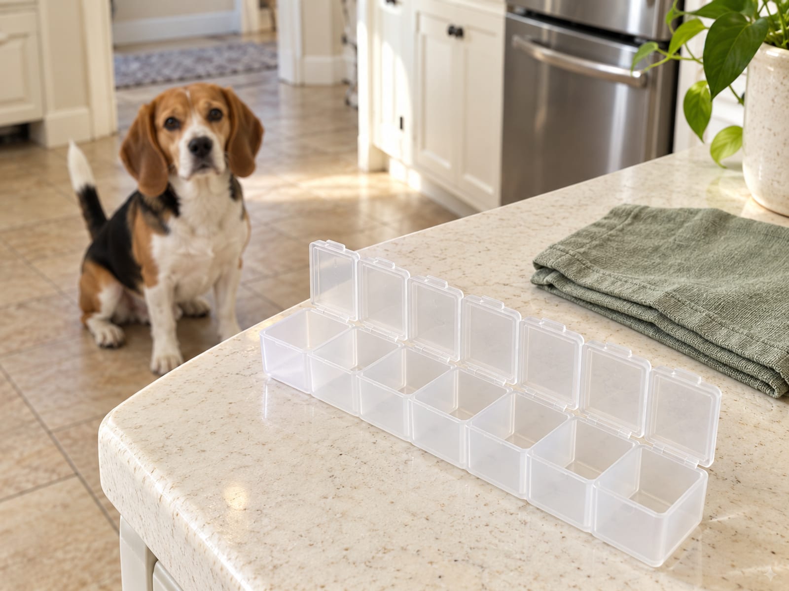 Plain empty pill organizer with open compartments beside a folded cloth on a clean counter, a calm beagle sitting on the floor in the background