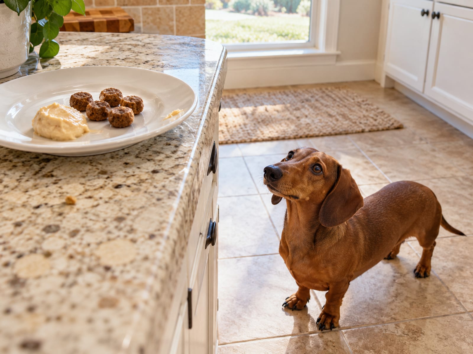 Plain white plate on a kitchen counter holding a small scoop of cream-colored paste and a few round treats, a brown dachshund waiting on the floor