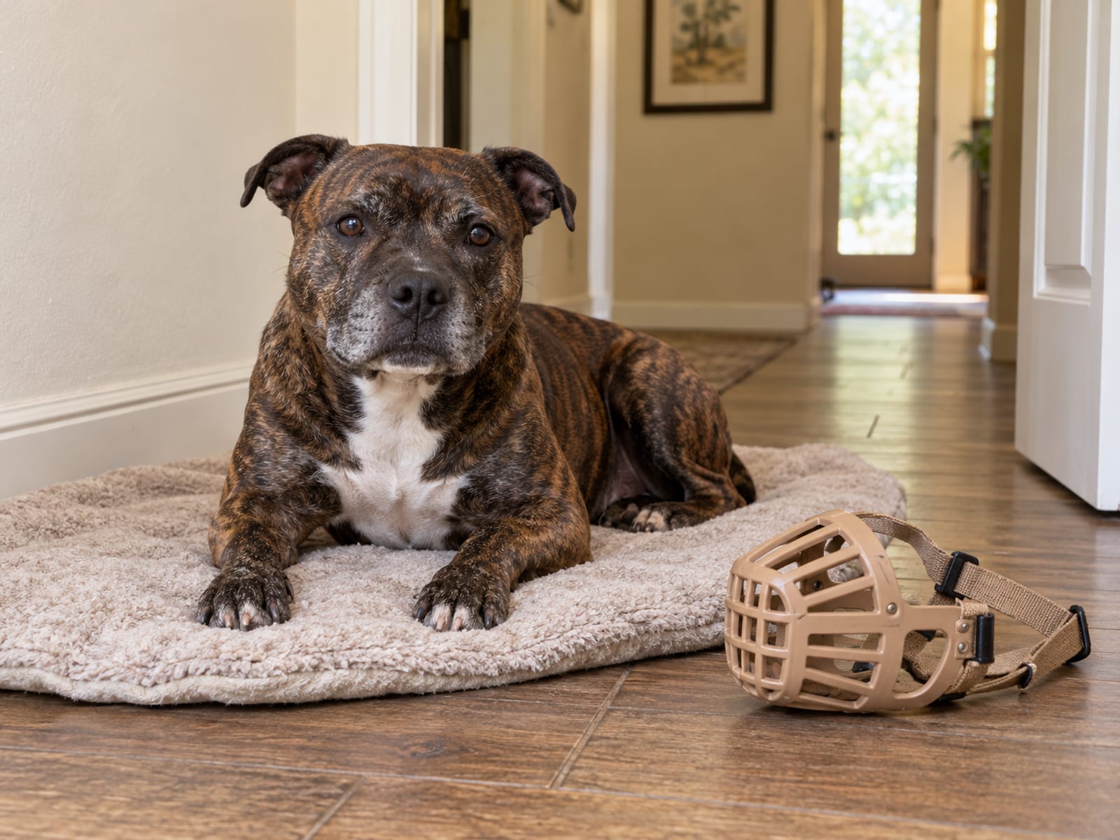 Relaxed brindle Staffordshire bull terrier lying on a soft mat in a hallway with a basket muzzle resting on the floor beside it