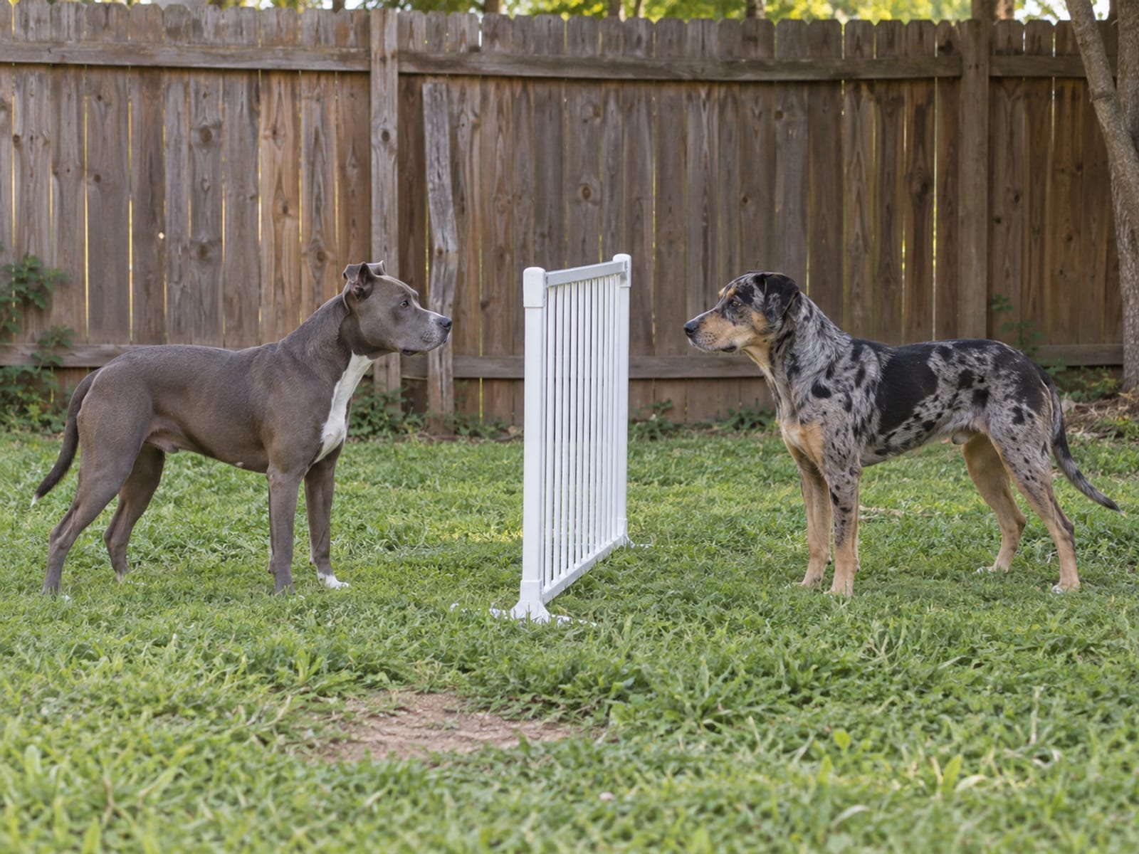 Pit bull terrier mestizo gris y Catahoula mestizo merle de pie, tensos y vigilantes, a unos pasos de distancia con un panel de reja para bebé sobre el pasto entre ellos