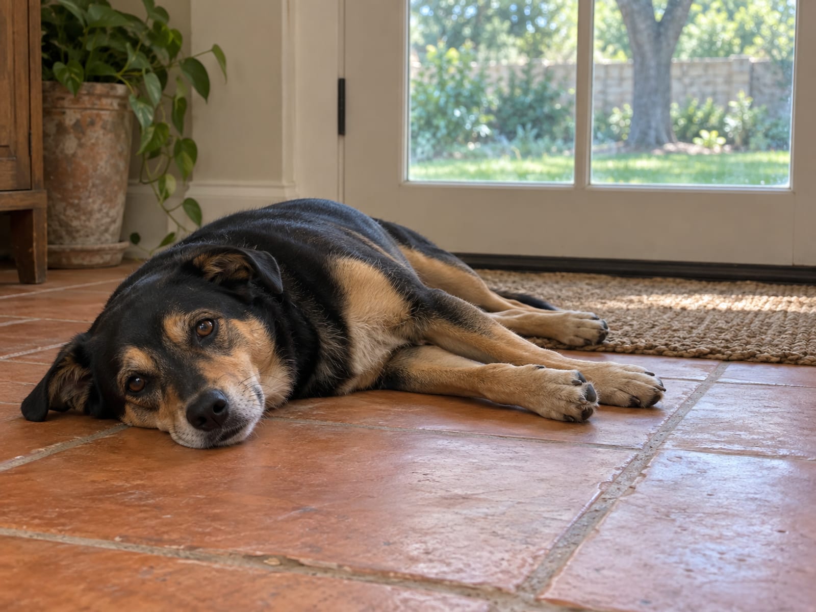 Medium mixed-breed dog lying stretched out on a cool tile floor near a glass back door
