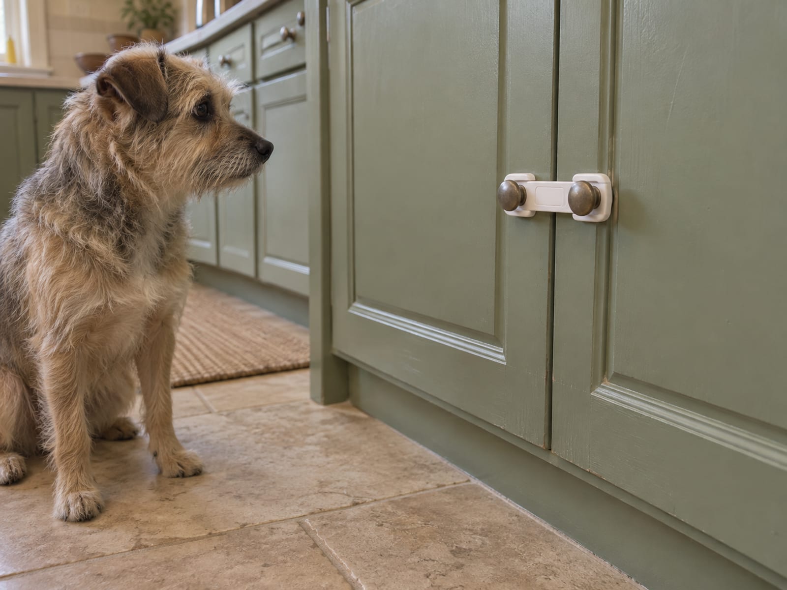 Lower kitchen cabinet doors fitted with a plain white child-safety latch, a small dog sitting on the floor beside them