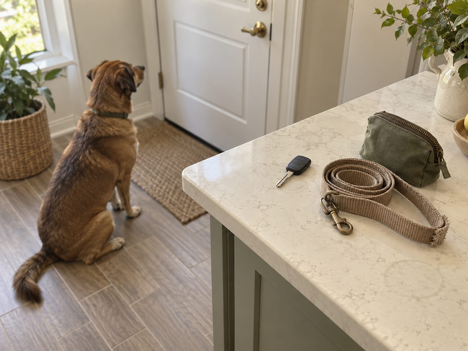 Car key, a coiled leash and a small zipped bag on a kitchen counter by the door, a dog waiting on the floor below