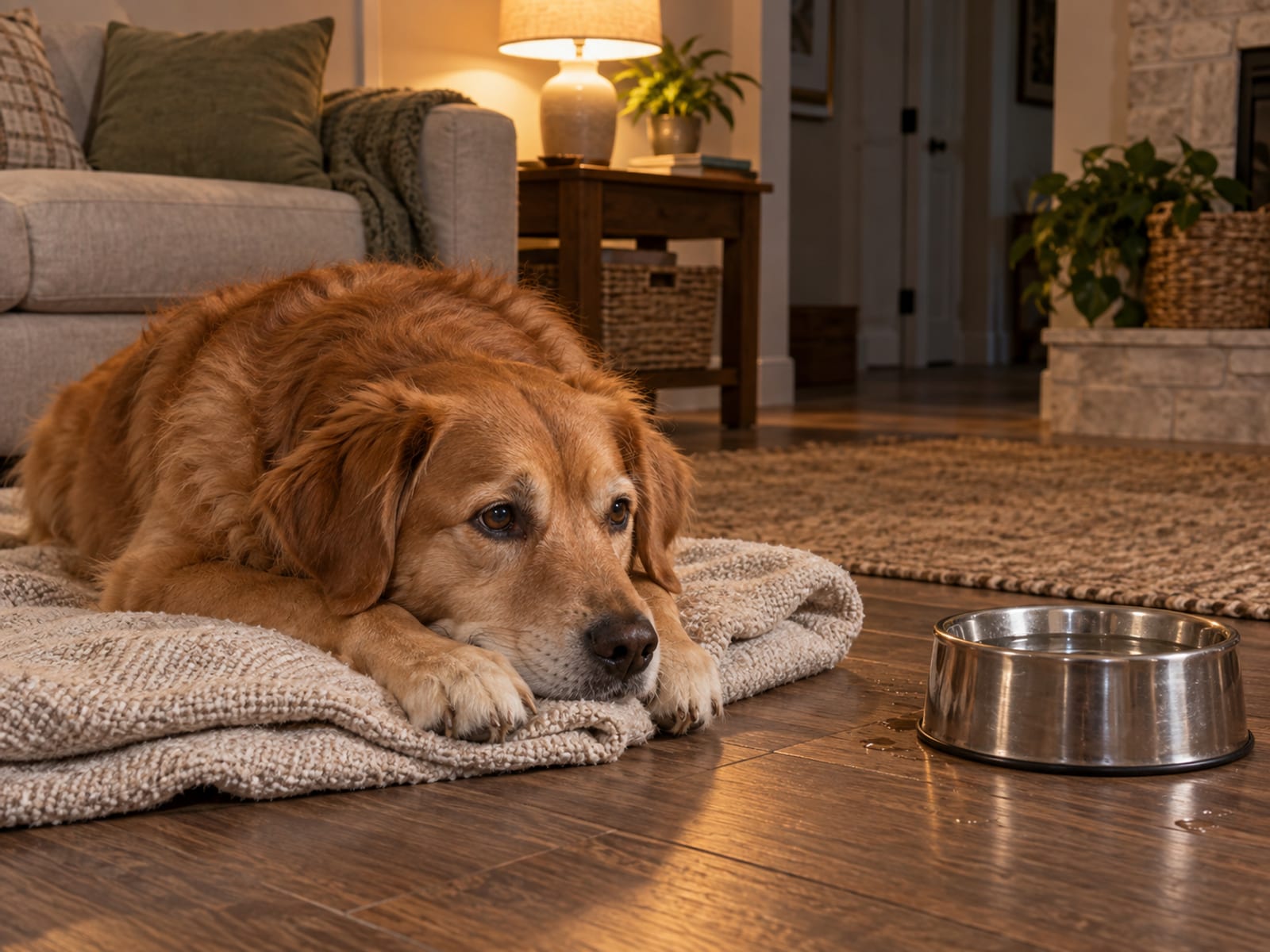 Golden-coated mixed-breed dog resting on a folded blanket on a living room floor, a water bowl nearby under warm lamplight