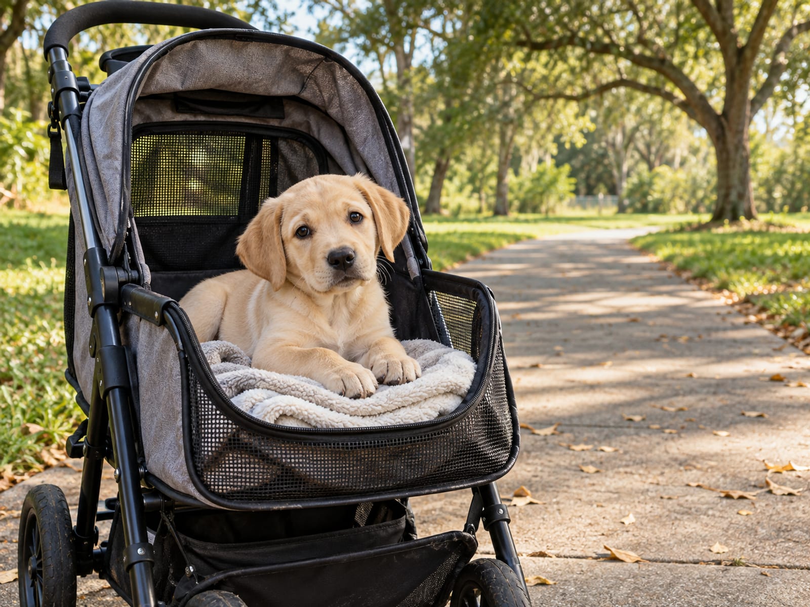 Labrador retriever puppy resting on a clean folded blanket inside a pet stroller parked on a quiet park path