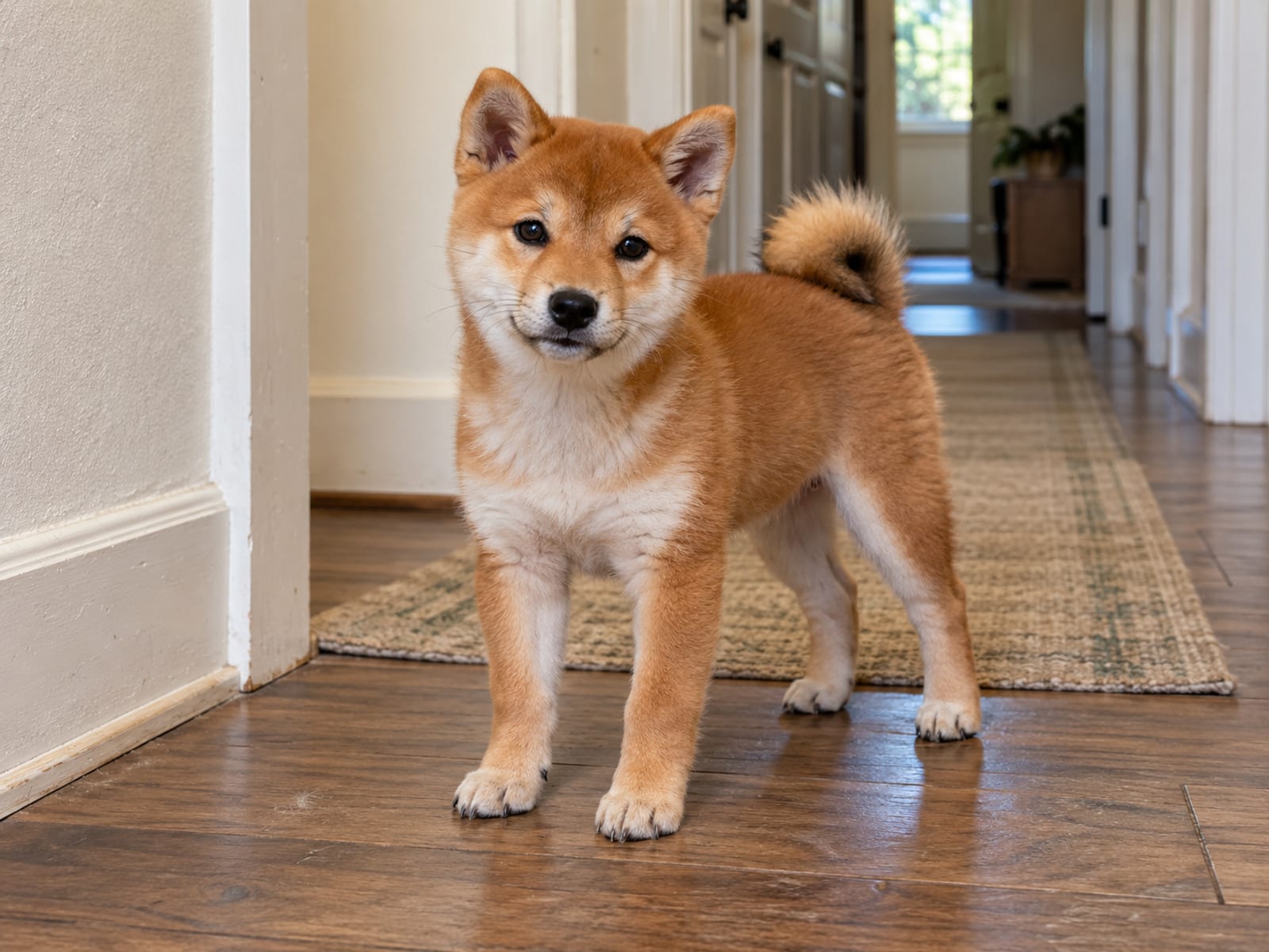 Shiba Inu puppy standing in a hallway with a loose relaxed body, soft face and relaxed ears, looking toward the camera