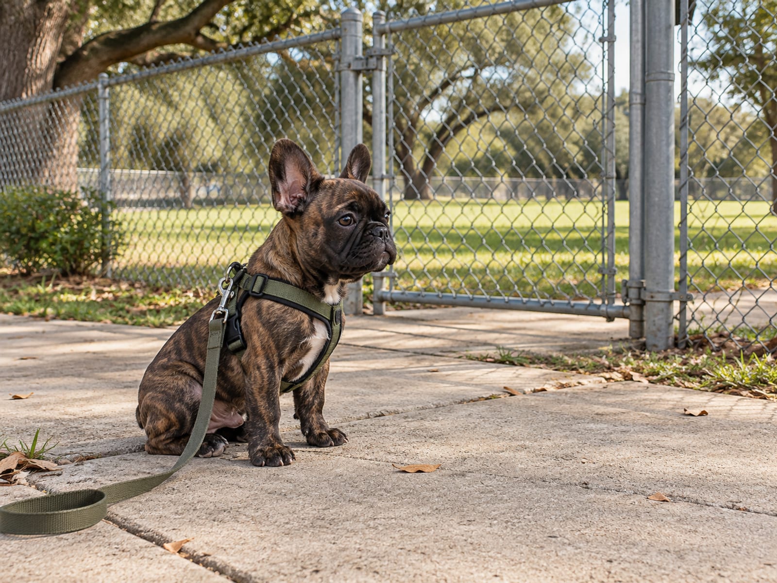 Brindle French bulldog puppy sitting on a sidewalk outside a closed chain-link dog park gate with its leash trailing slack from its harness