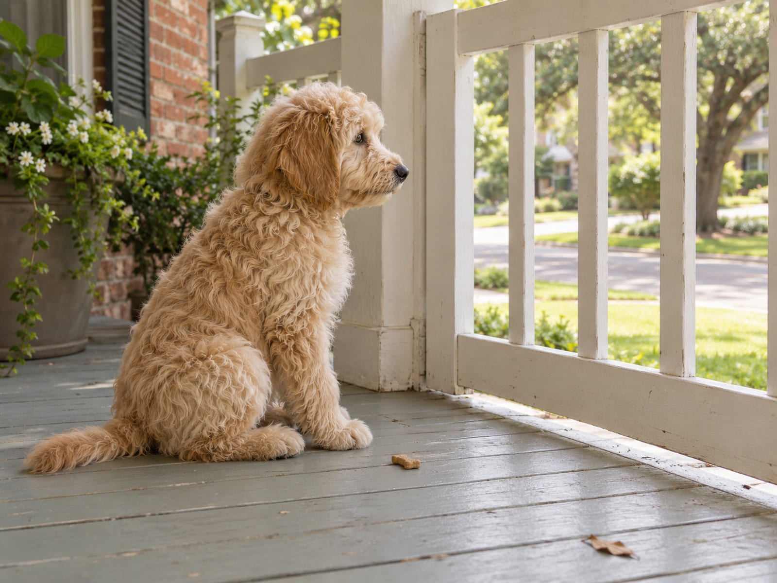 Goldendoodle puppy sitting on a front porch watching a quiet residential street from behind a low gate with a small treat on the boards beside it