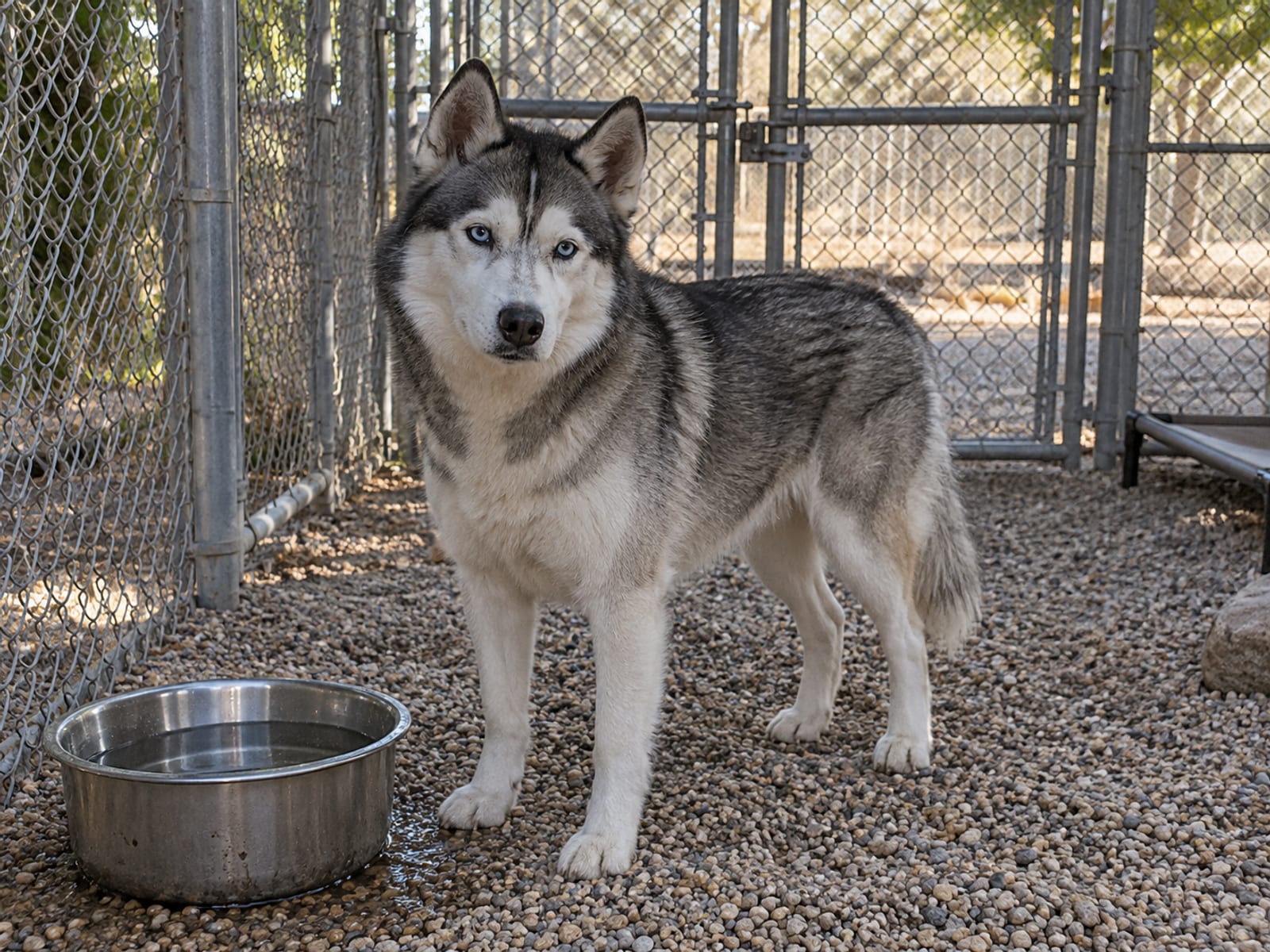Siberian husky standing in a shaded fenced outdoor run with a latched double gate and a full water bowl