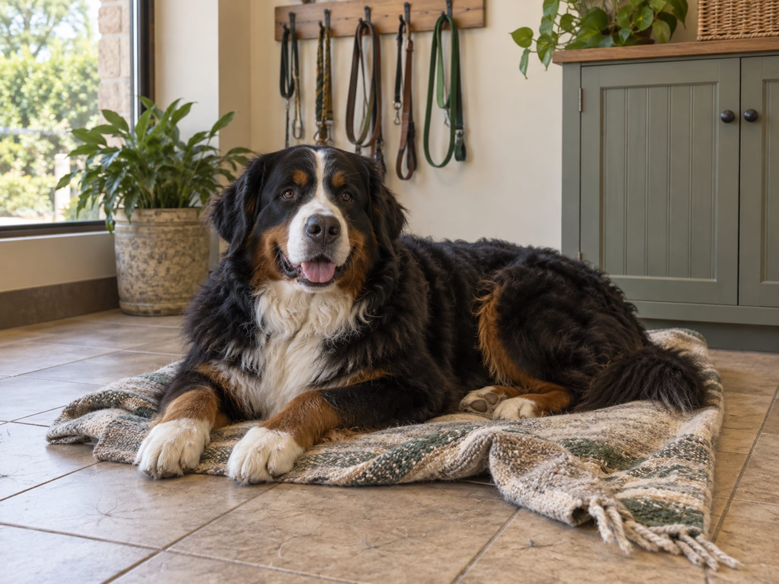 Bernese mountain dog lying on a folded blanket in a tidy boarding lobby with a plain leash rack and closed cabinet