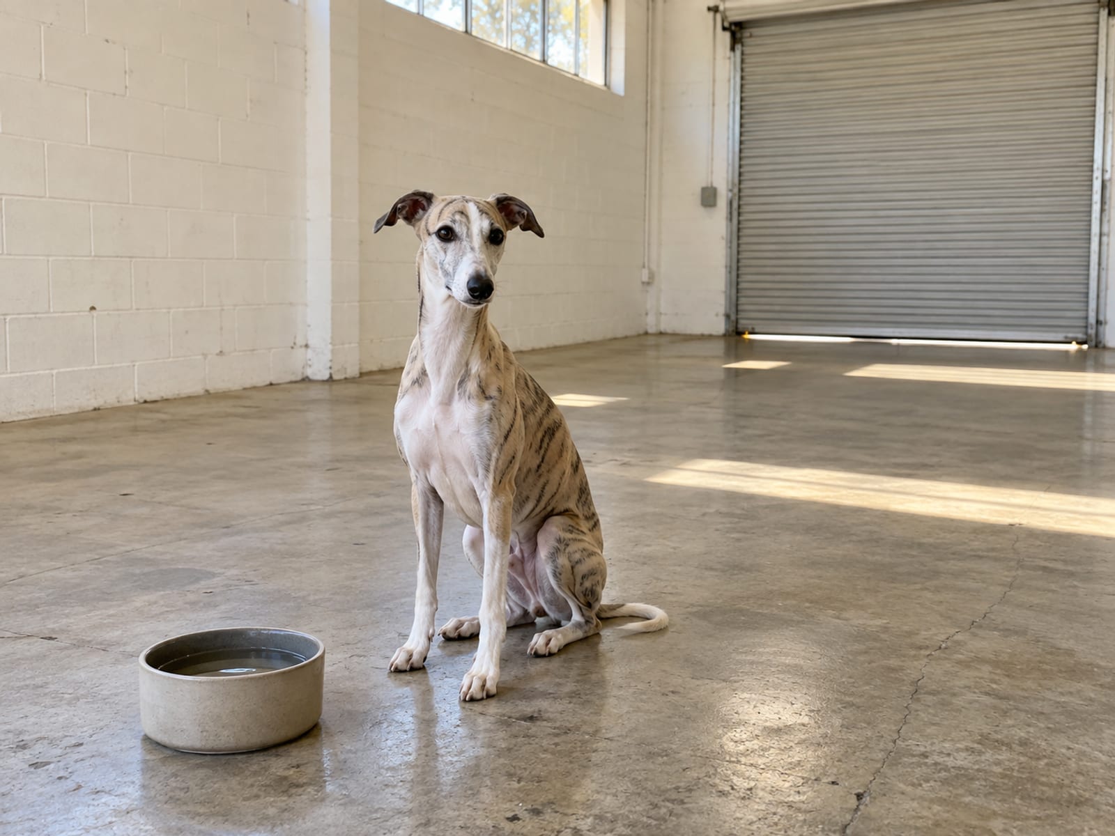 Whippet sitting on a swept concrete floor of an empty bright commercial unit with white walls and a roll up door