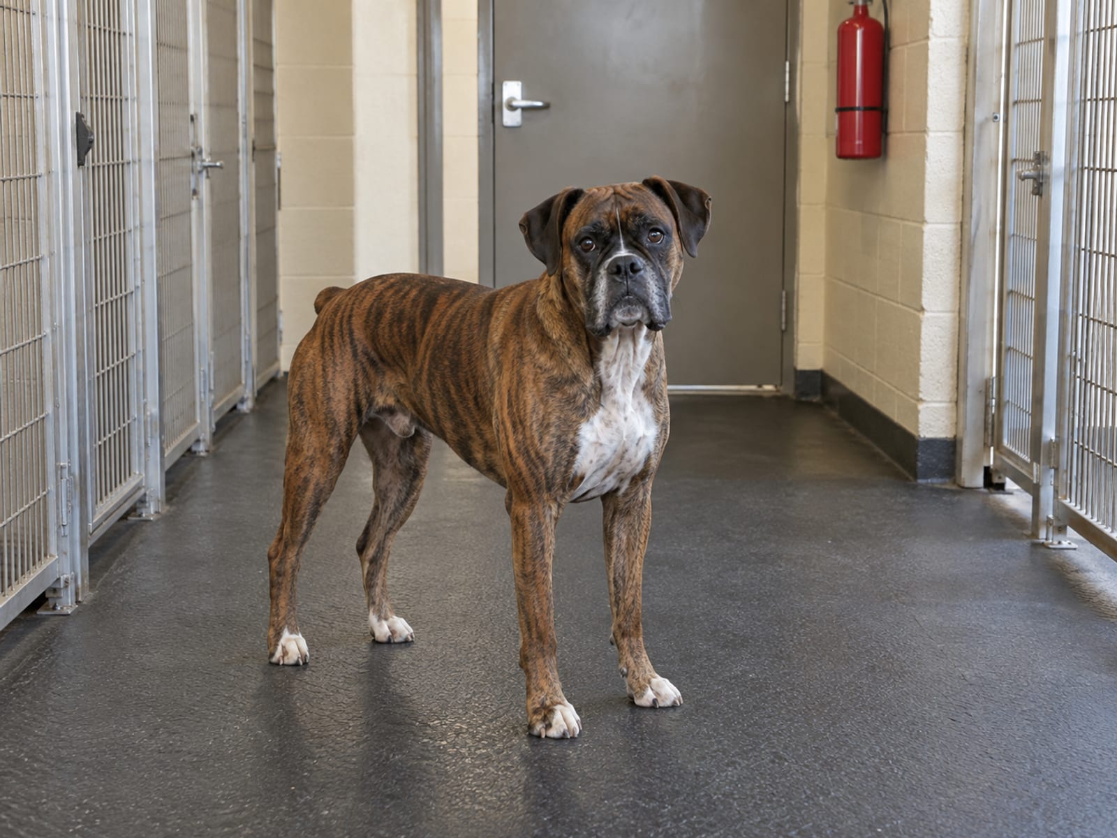 Boxer standing on a rubber floored corridor of a kennel building with a fire door and a wall mounted extinguisher