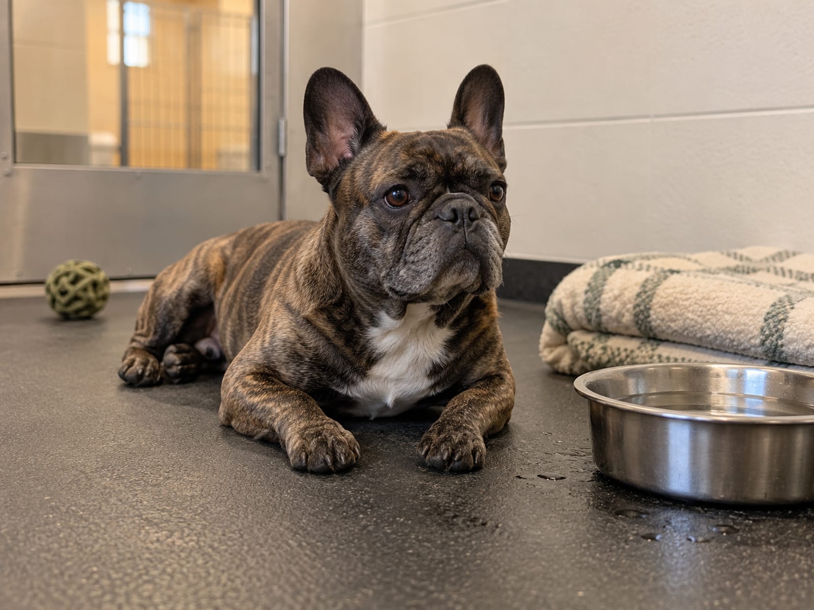 Un bulldog francés descansando sobre el piso de hule de una suite de hospedaje, junto a un plato de agua de acero inoxidable y una manta bien doblada