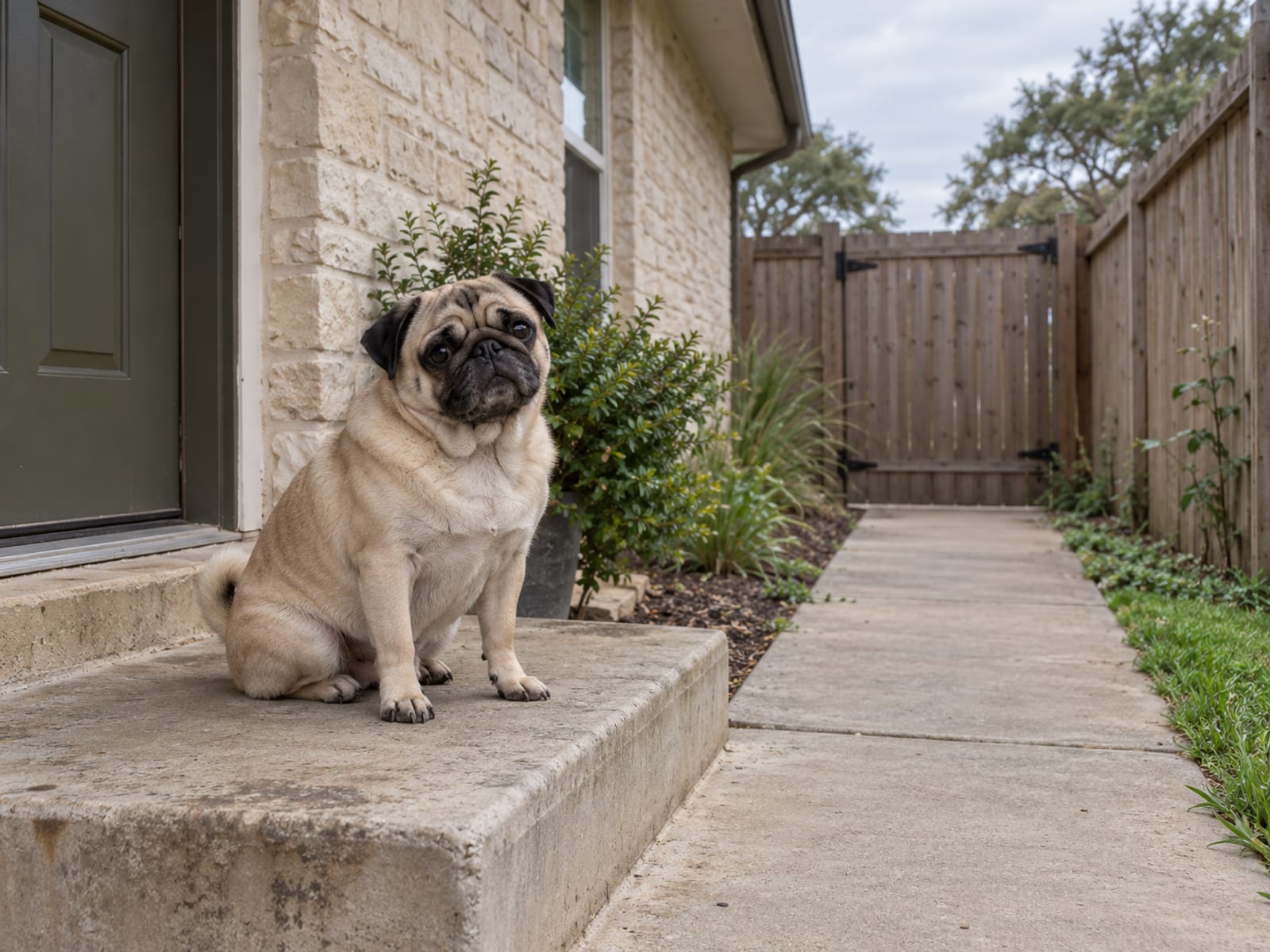 Un pug sentado en el escalón de entrada de un edificio de un solo piso bien cuidado, con un patio lateral cercado y una reja cerrada sencilla