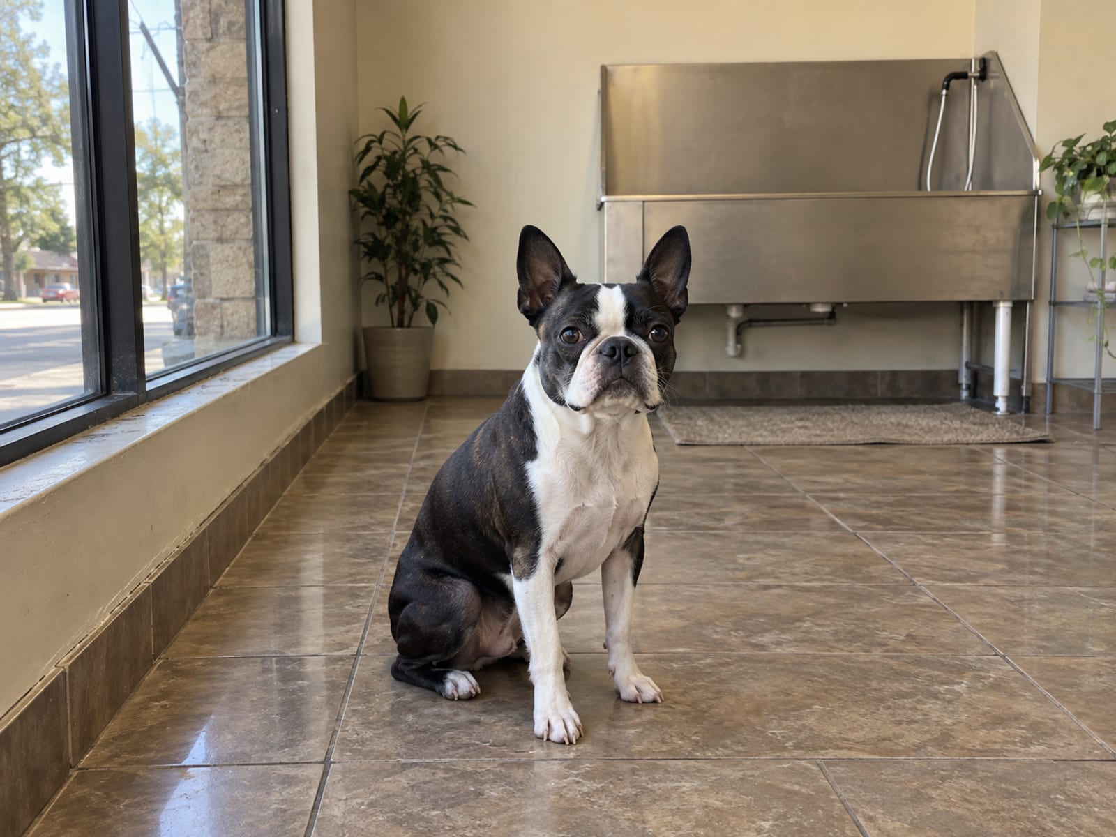 Boston terrier sitting on tile floor of an empty storefront salon space with a large front window and a bath tub
