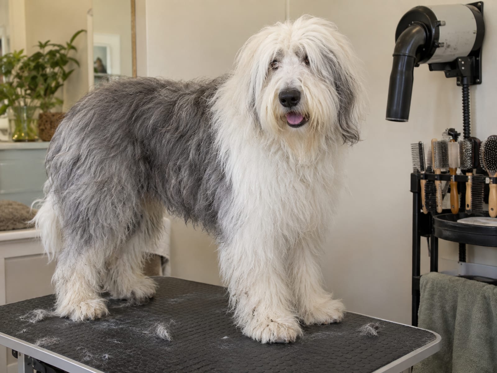 Old English sheepdog with a long full coat standing on a grooming table beside a wall dryer and a stand of combs
