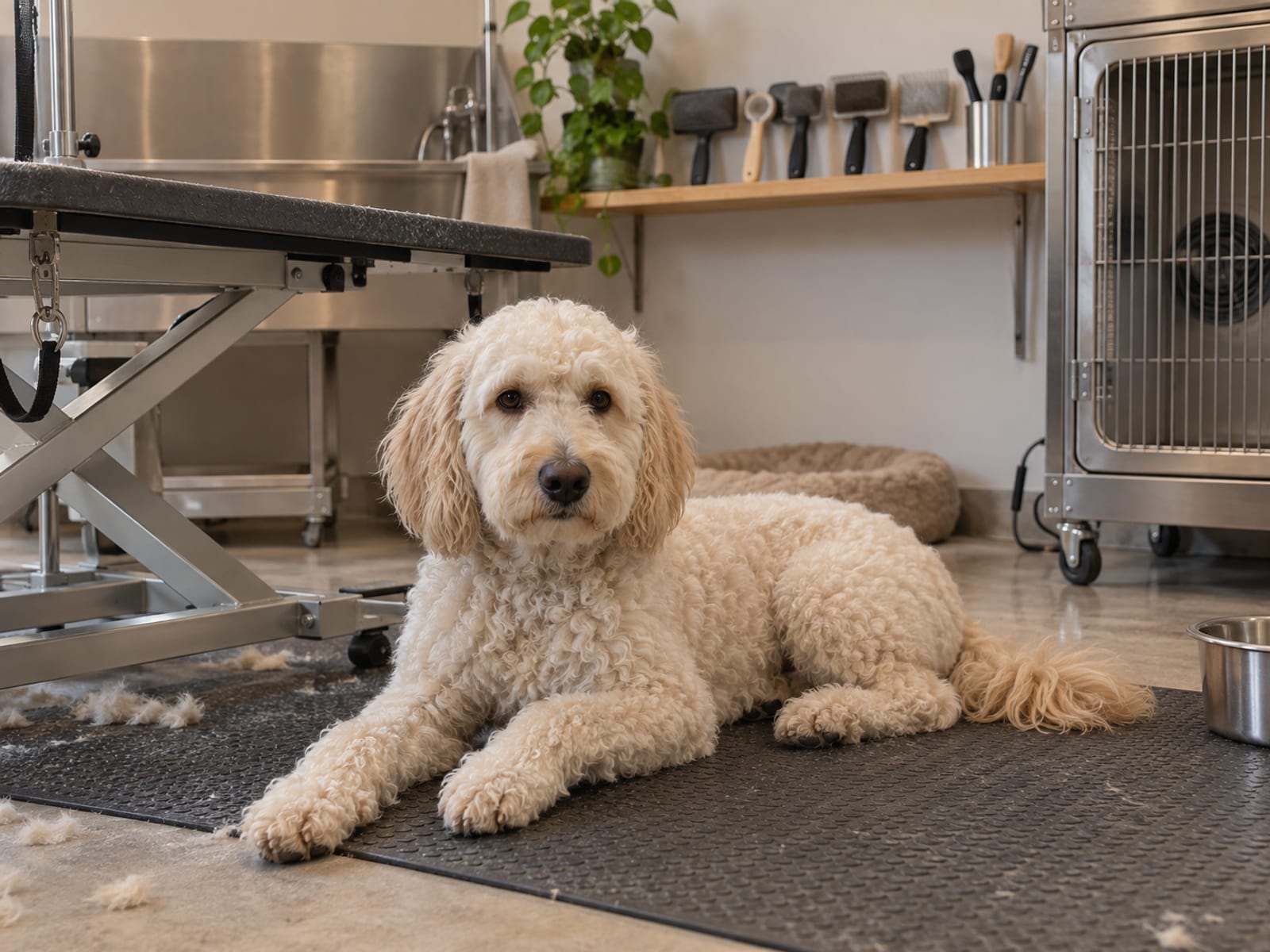 Poodle mix resting on a non slip mat beside a grooming table with a cage dryer and unlabeled brushes on a shelf