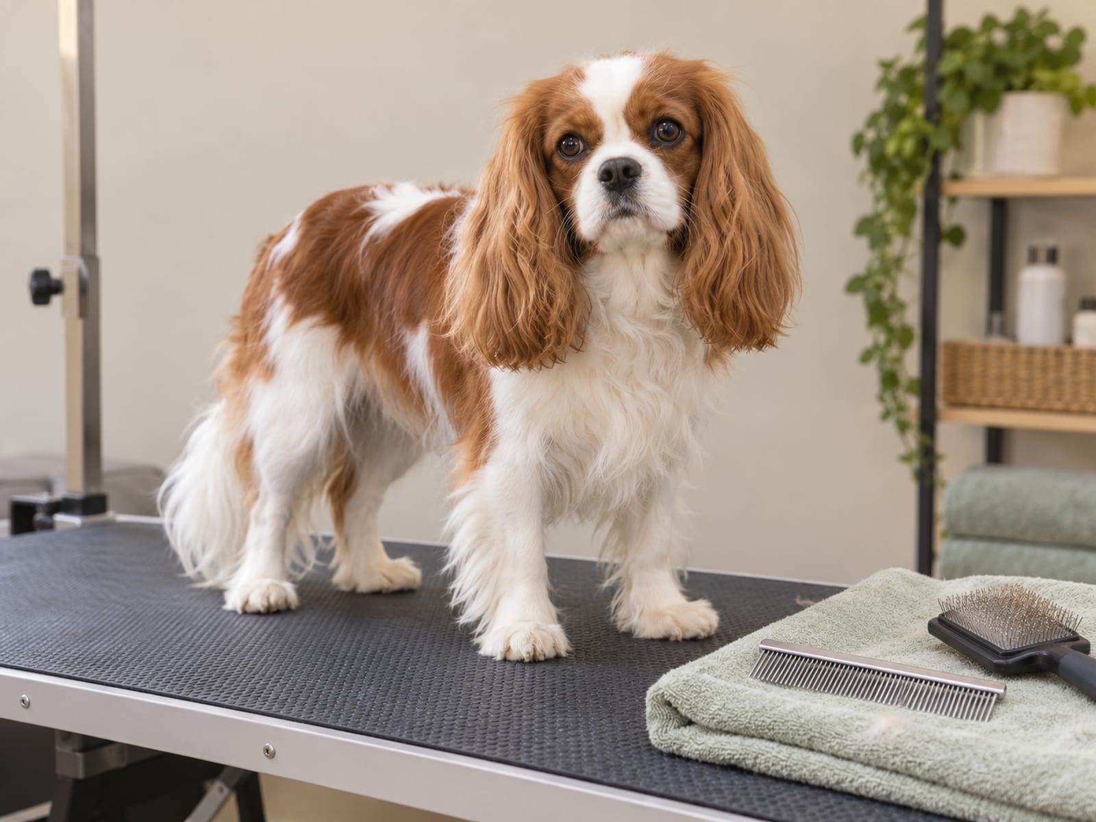 A Cavalier King Charles spaniel standing on a non slip mat on a table with a plain comb and slicker brush on a folded towel