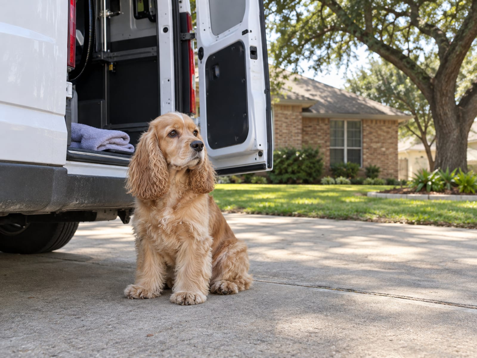 A cocker spaniel sitting beside the open back door of a plain white grooming van on a quiet suburban driveway with a folded towel on the step