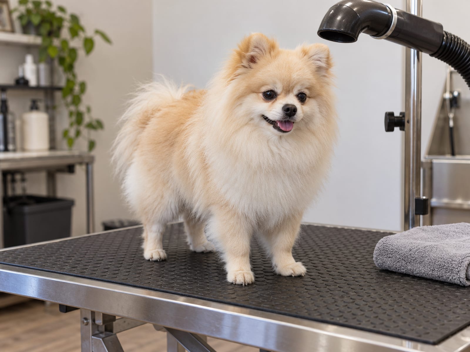 A Pomeranian standing on a rubber mat on a grooming table with a switched off dryer arm overhead and a clean folded towel beside it