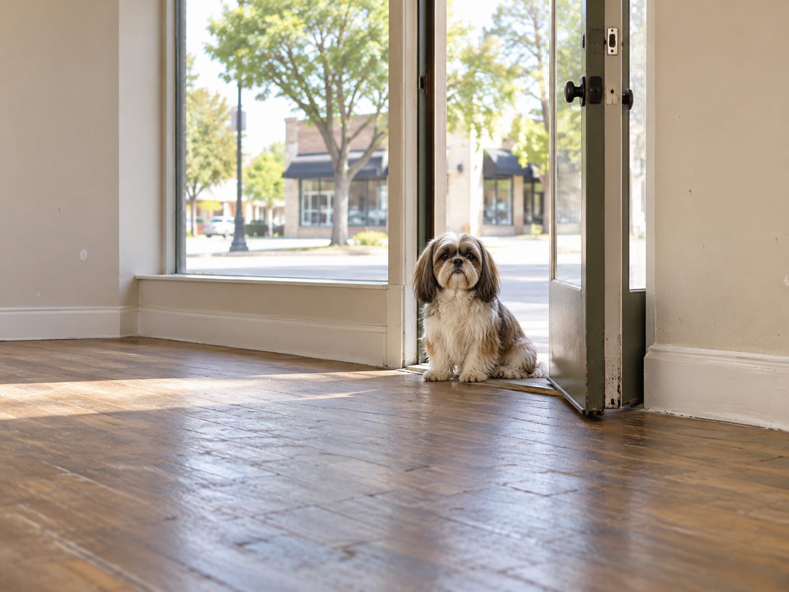 A Shih Tzu sitting in the doorway of a small empty storefront with bare walls and a wooden floor