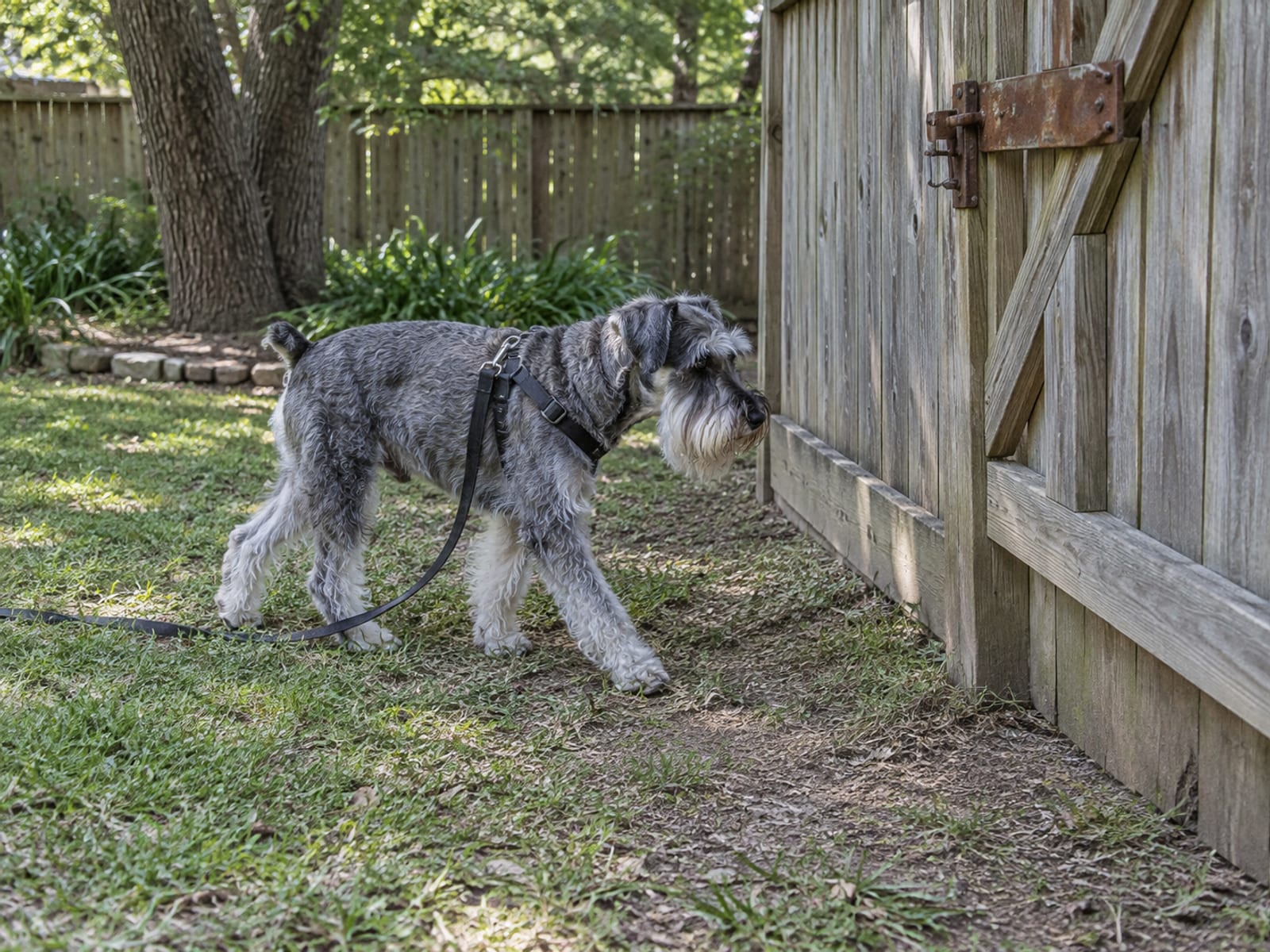 Standard schnauzer walking on a loose leash beside a fenced gate in a shaded backyard training area