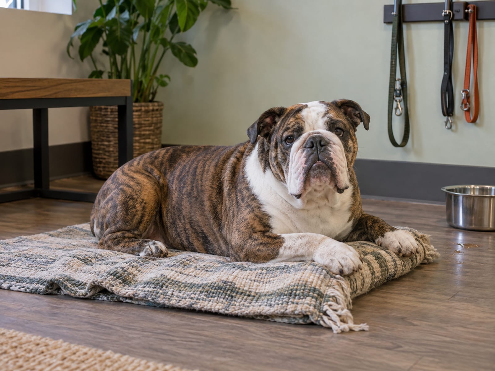 Bulldog lying on a folded blanket in a tidy studio waiting area with a leash rack and a water bowl