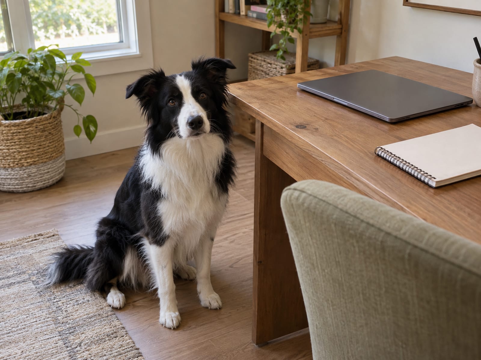 Border collie sitting on a wood look floor beside a plain wooden desk with a closed laptop and an empty notebook
