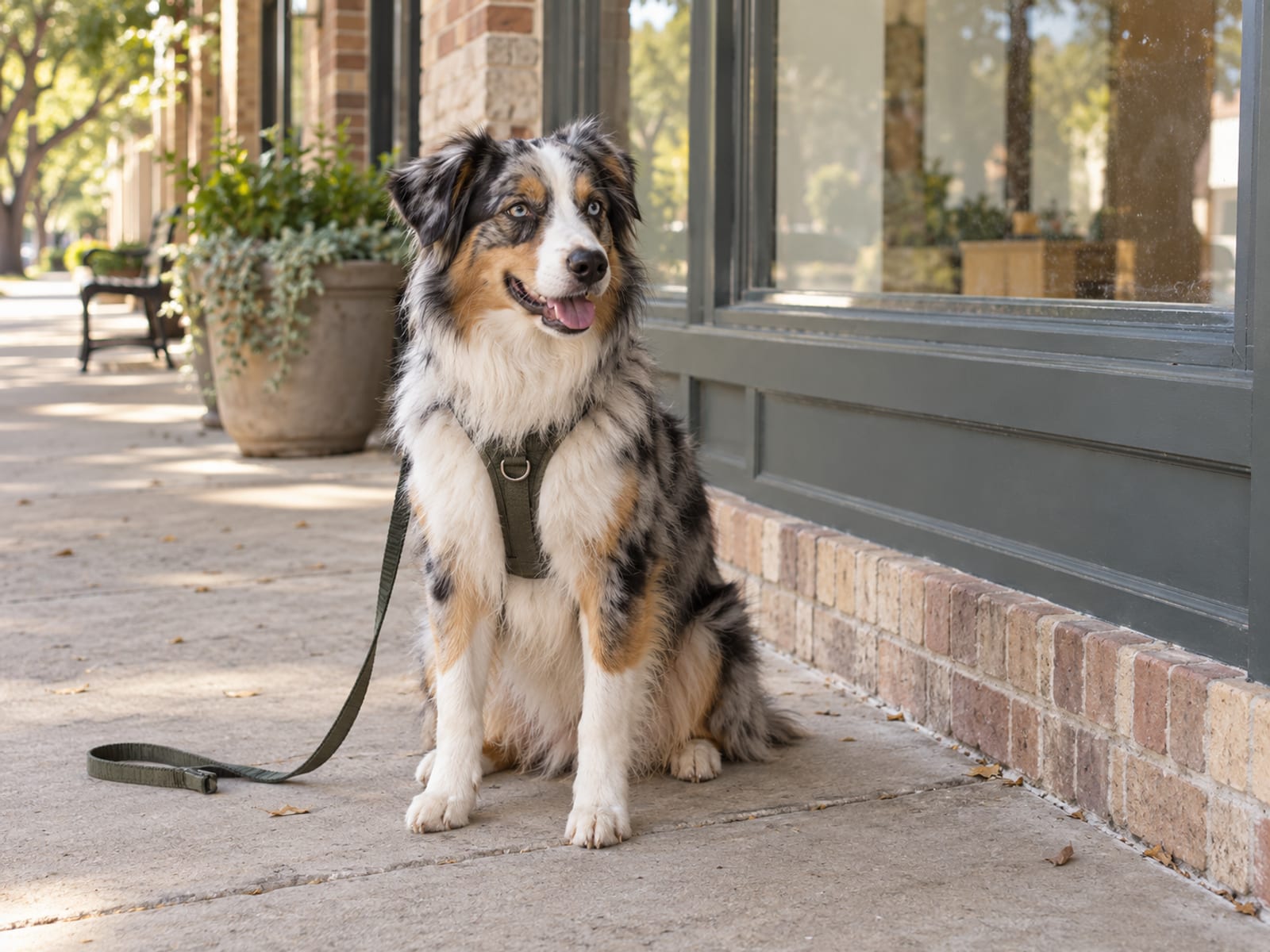 A young Australian shepherd sitting on a sidewalk outside a neighborhood storefront with a blank window and its leash trailing slack