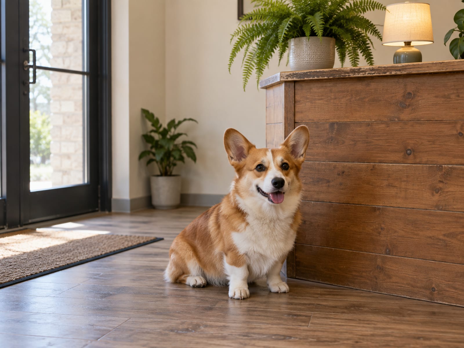 A Pembroke Welsh corgi sitting beside a plain wooden front counter in a small tidy training studio entry with a potted fern and a lamp