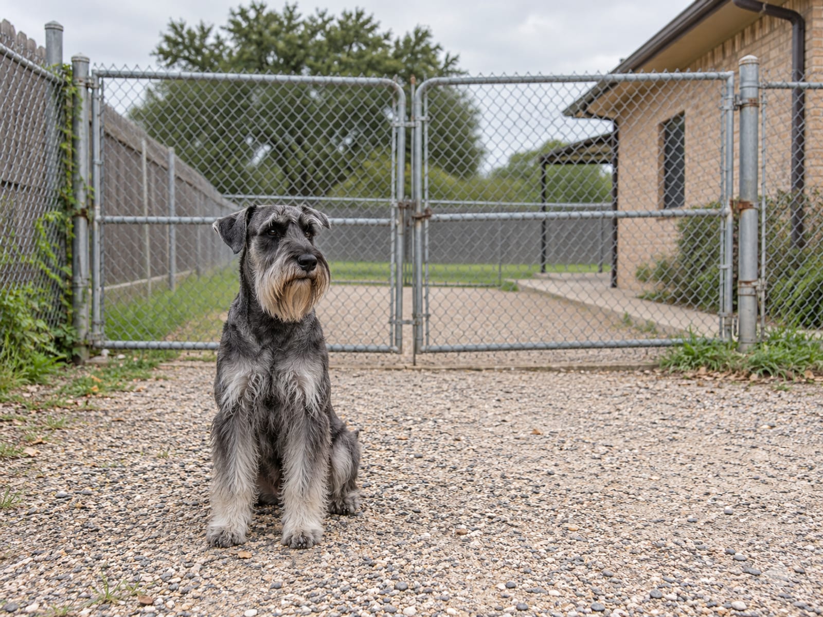A standard schnauzer sitting calmly at a closed double gate of a fenced training yard beside a neat single story building