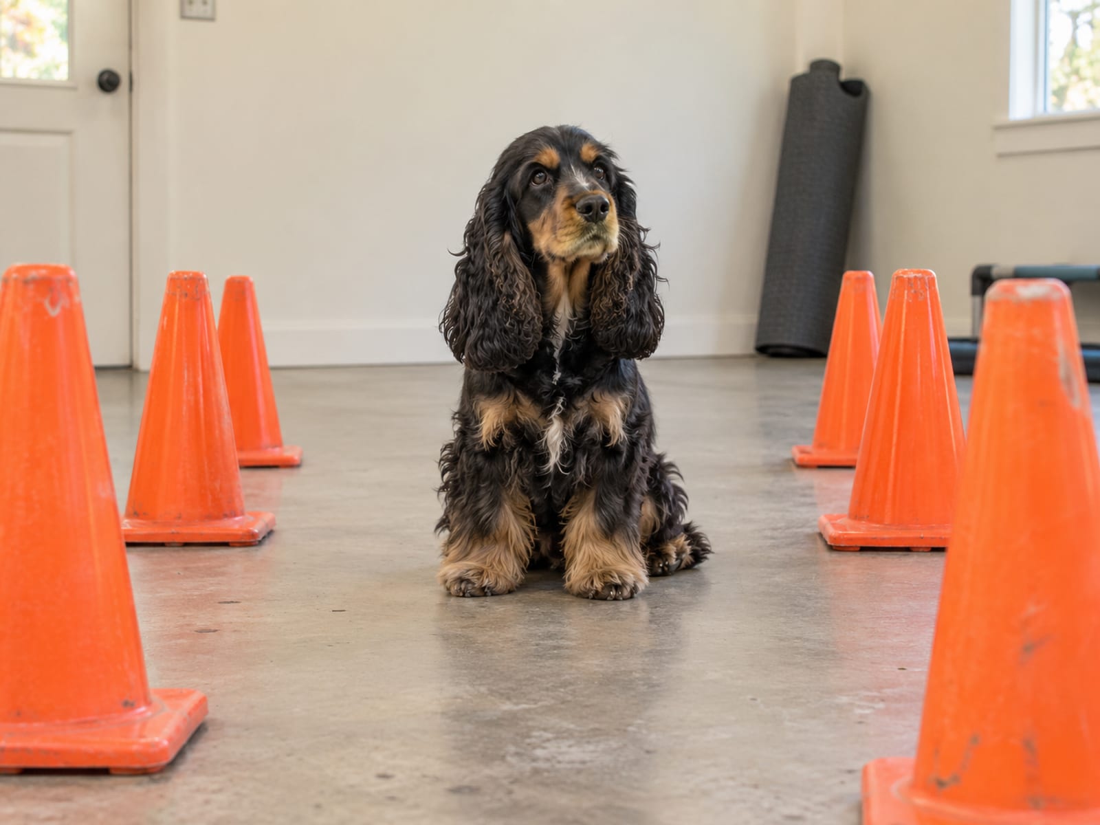 A cocker spaniel sitting on a clean training room floor between two tidy rows of plain cones with a rolled rubber mat against the wall