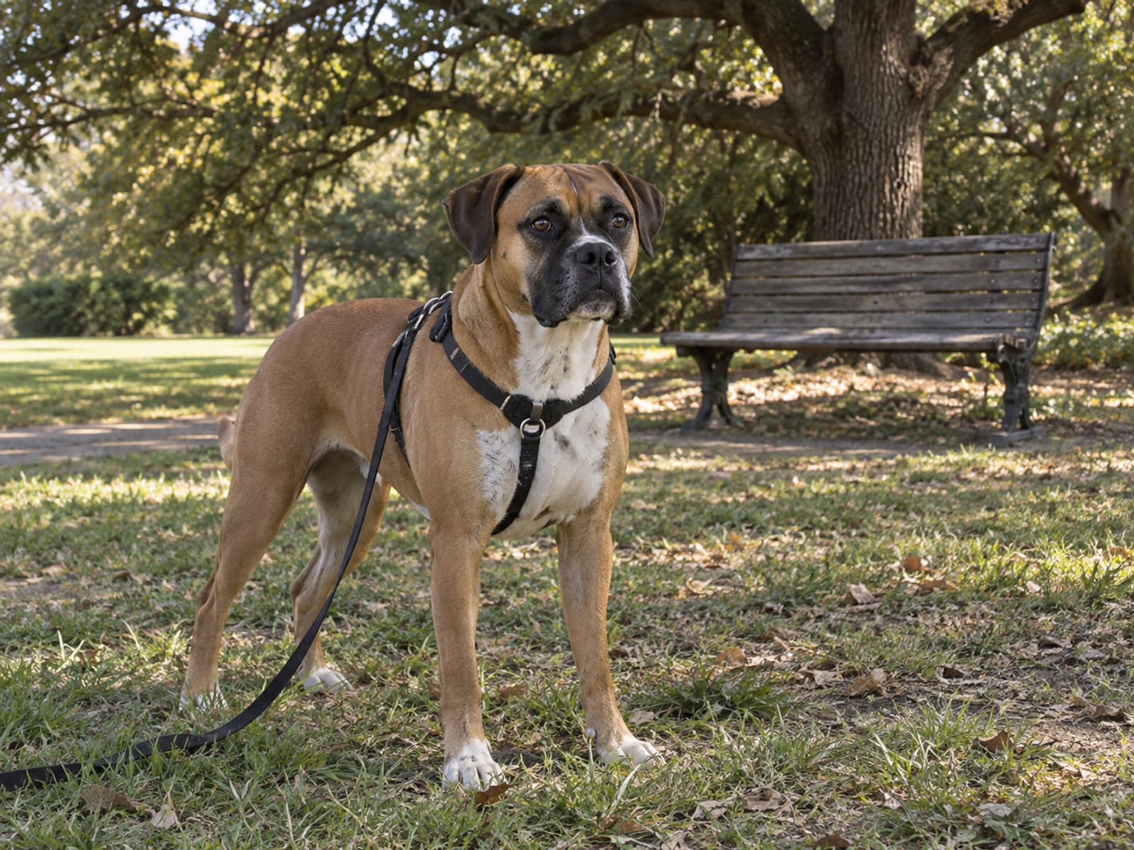 Perro cruza de bóxer parado en un camino de pasto podado a la orilla de un parque, con la correa suelta y una banca vacía a la sombra de un encino